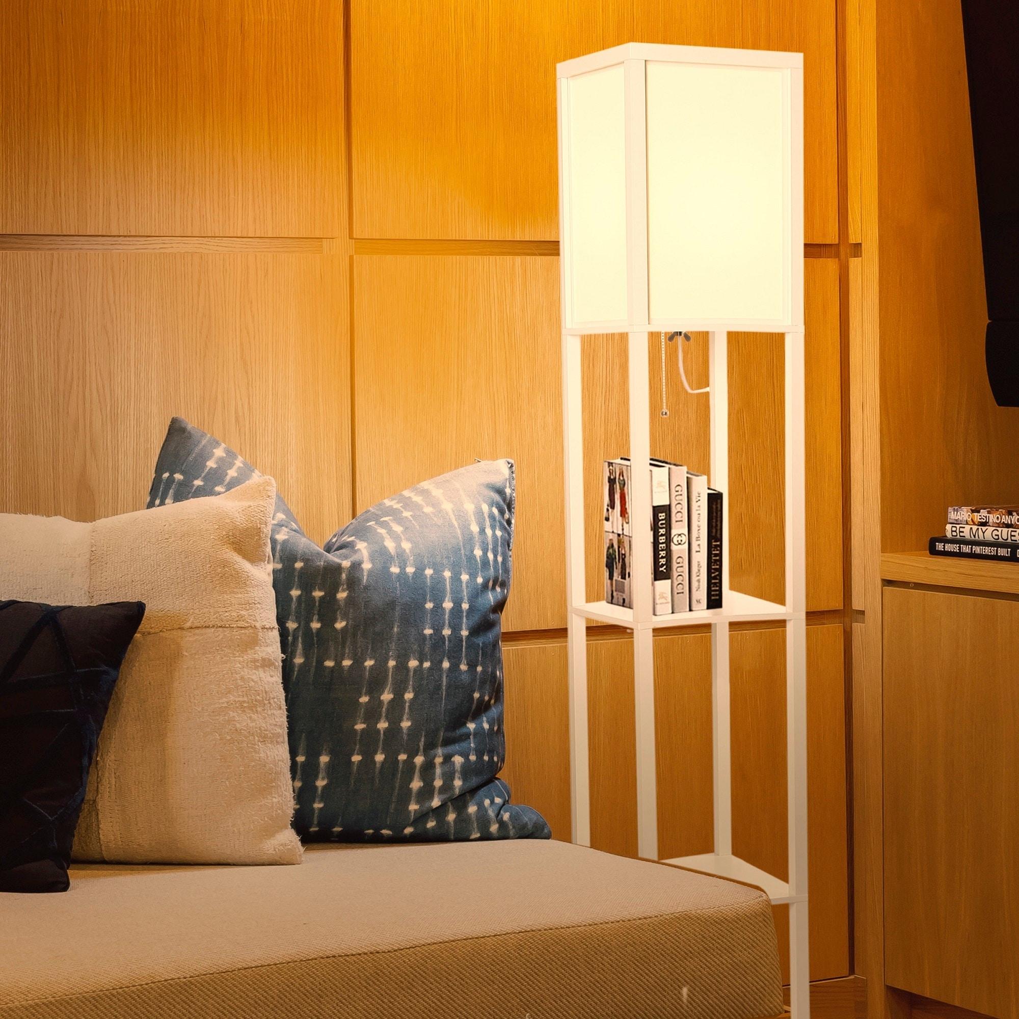 Brightech Maxwell - Modern LED Shelf Floor Lamp - Skinny End Table & Nightstand for Bedroom - Combo Narrow Side Table with Standing Accent Light Attached - Asian Tower Book Shelves - White