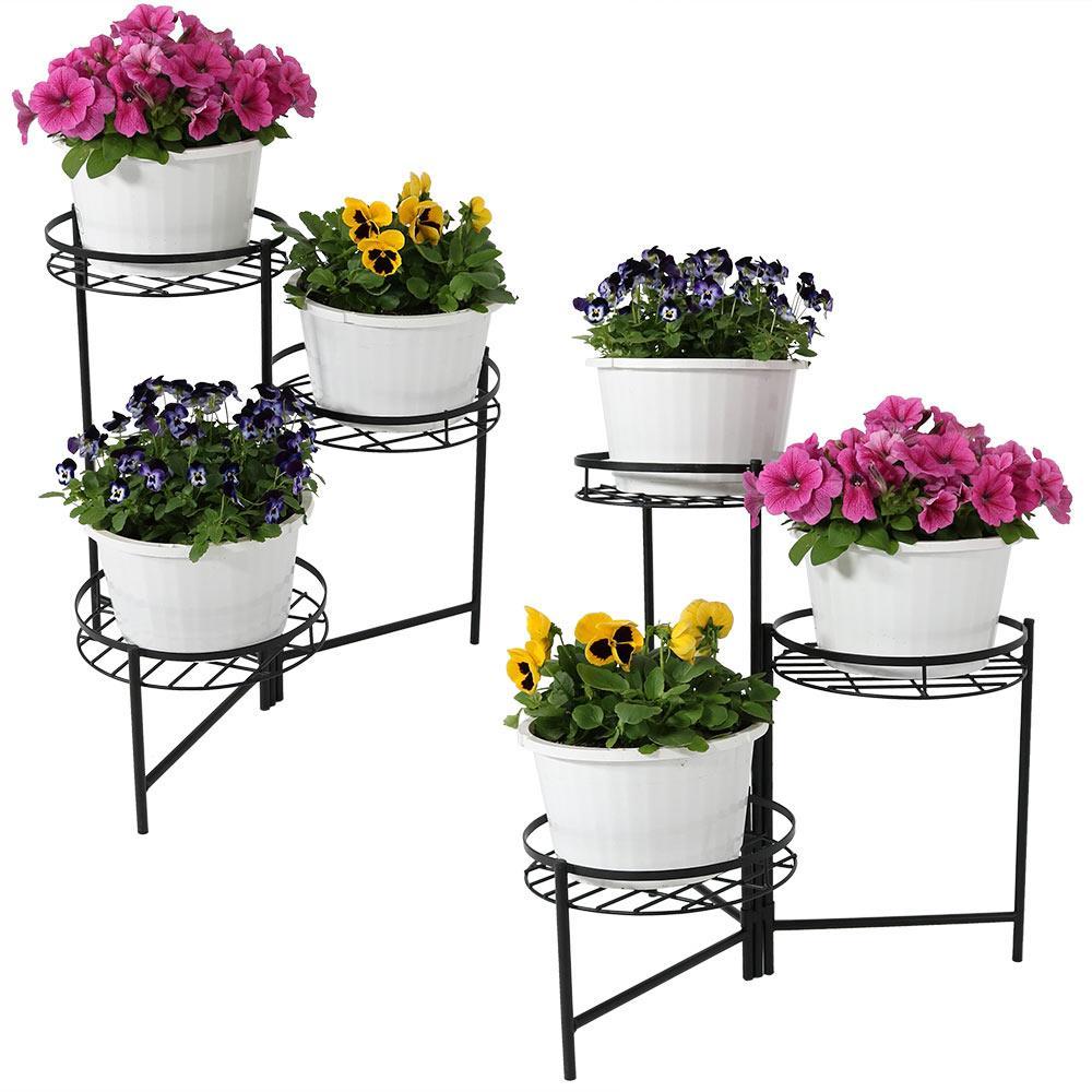 Sunnydaze Iron Metal 3-Tiered Decorative Flower Plant Pot Holder Stand Display - Black - 2pk