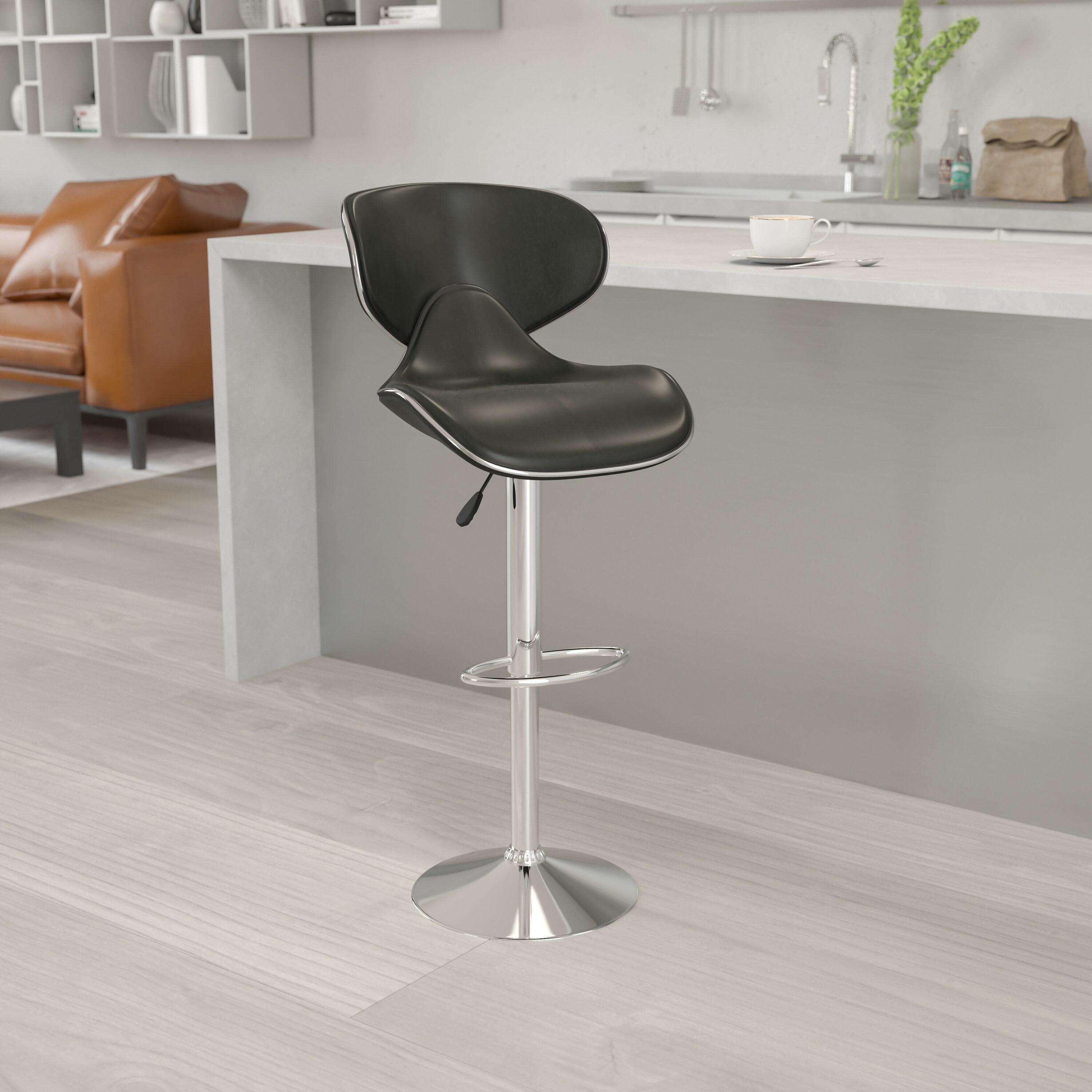 Flash Furniture Contemporary Cozy Mid-Back Black Vinyl Adjustable Height Barstool with Chrome Base