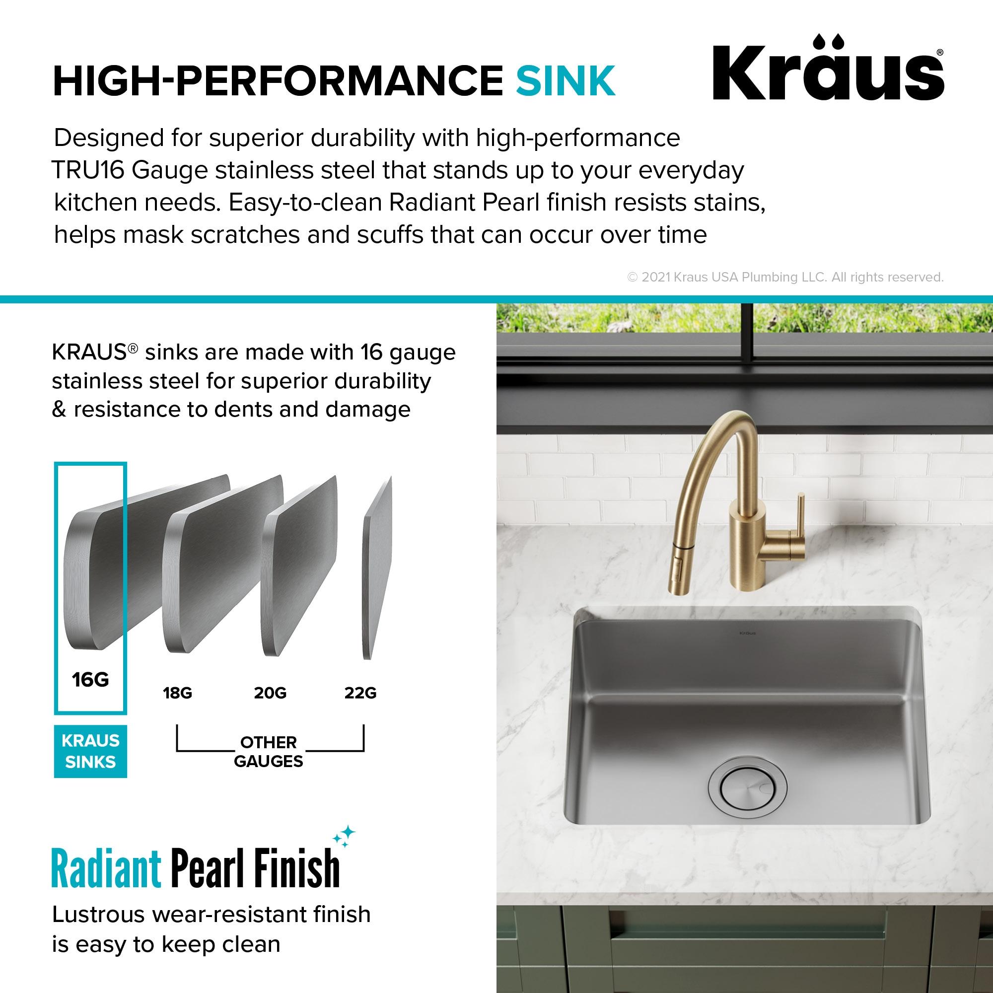 Dex™️ Series KRAUS 21" L Undermount 16 Gauge Stainless Steel Single Bowl Kitchen Sink