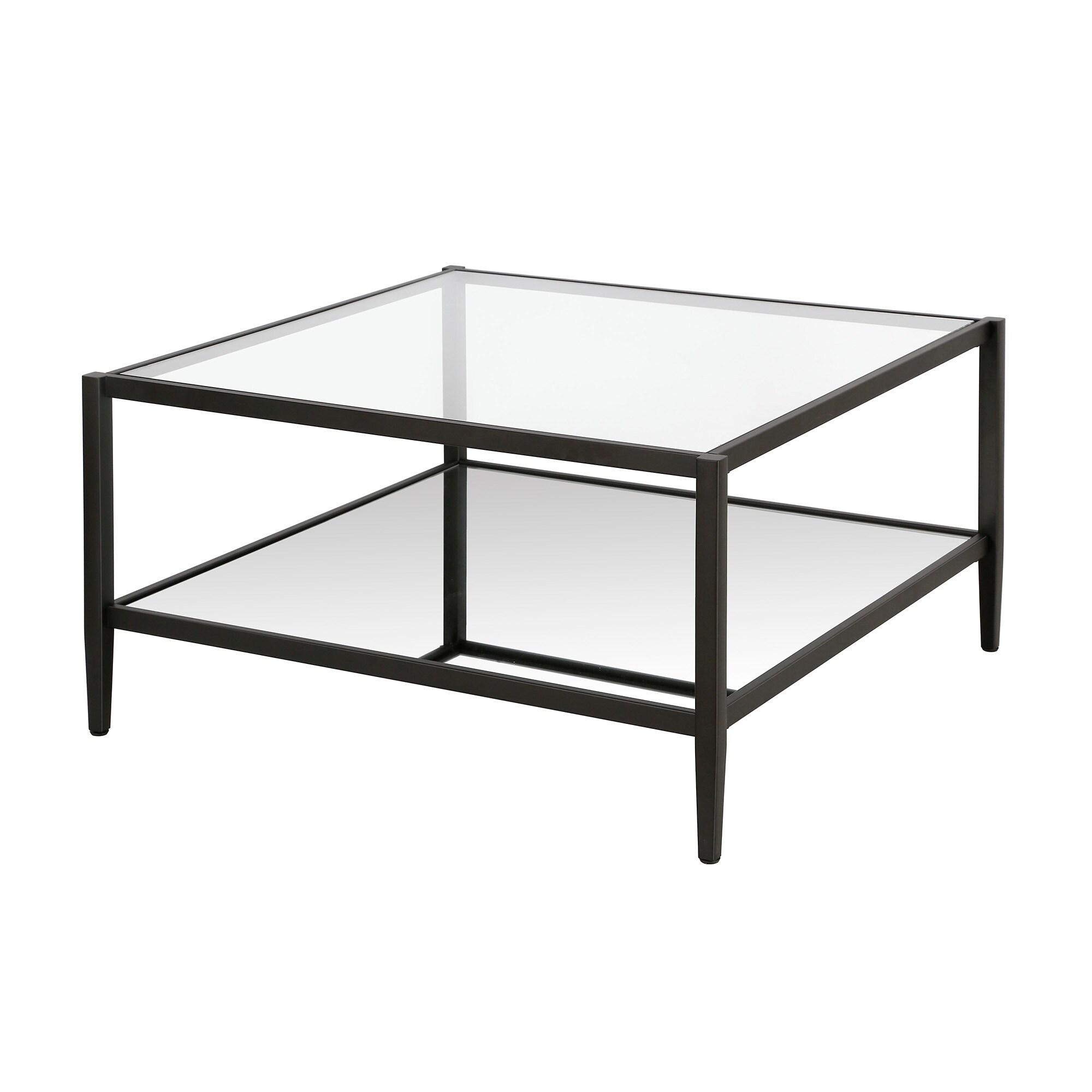 Evelyn&Zoe Hera 32" Wide Square Coffee Table with Mirror Shelf in Blackened Bronze