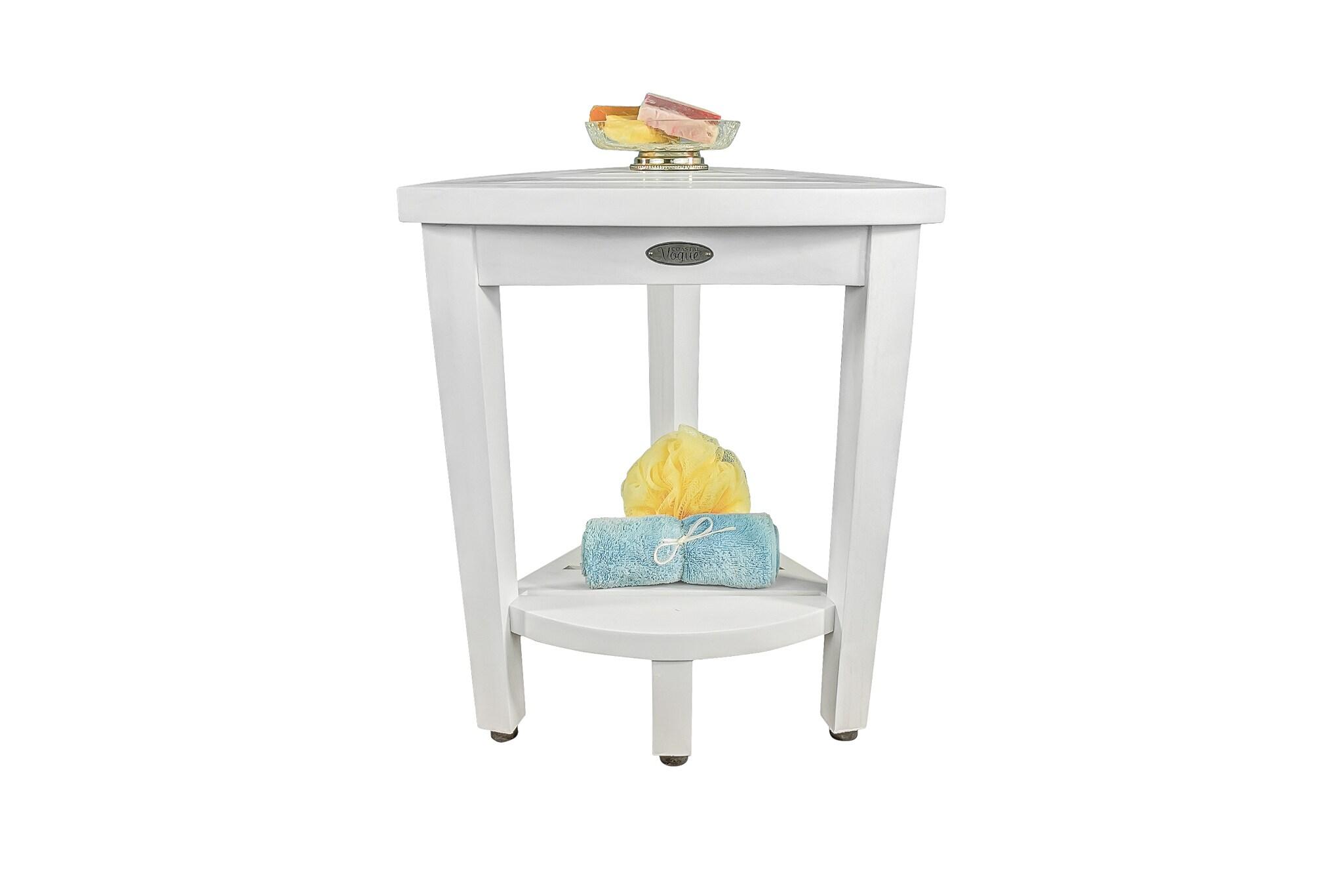 CoastalVogue 15" FlexiCorner ED1123 Wide Teak Wood Shower Bench/Stool : Microfiber, Machine Washable, Non-Slip Backing