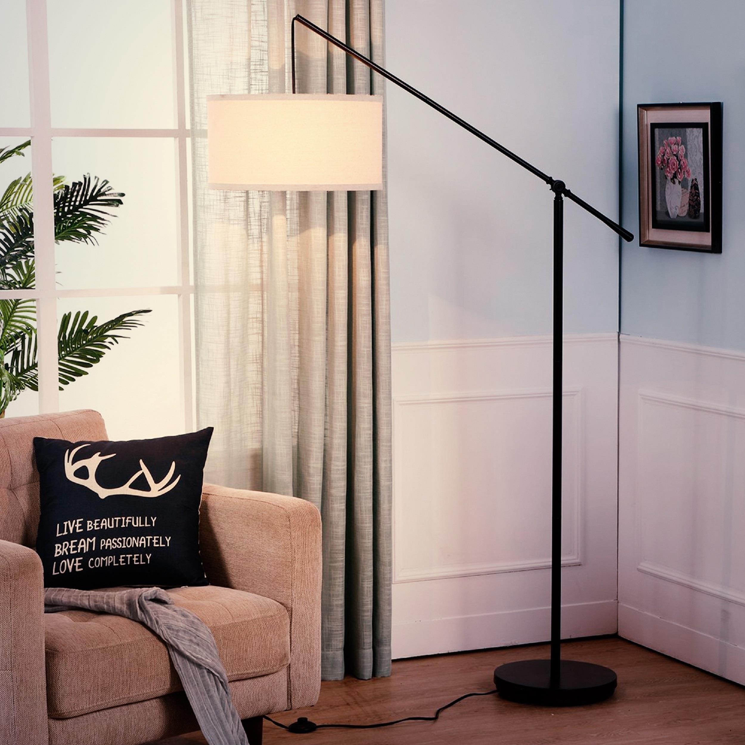 Brightech Hudson 70 in. Modern Height Adjustable LED Floor Lamp with Beige Fabric Drum Shade