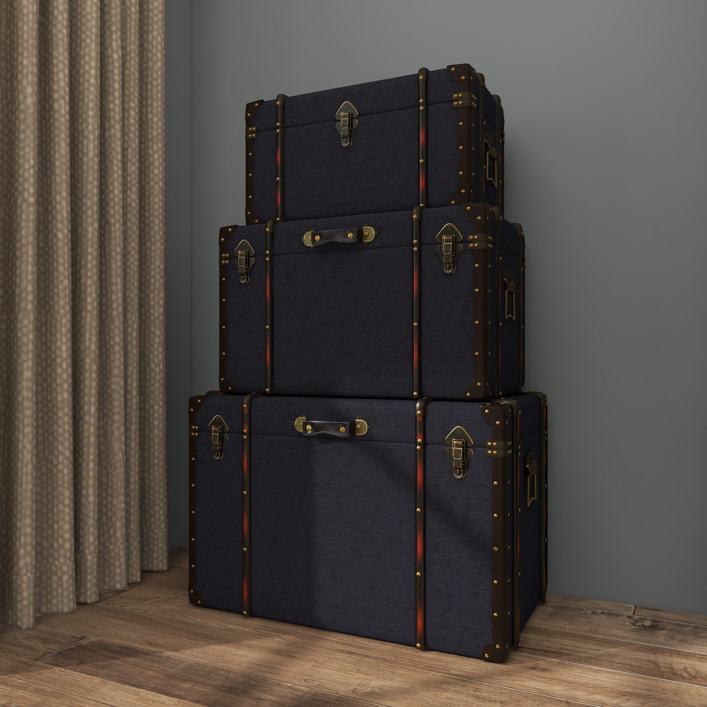 DecMode 24" x 13" Blue Linen Fabric Nesting Upholstered Trunk with Buckle Hinged Top, 3-Pieces