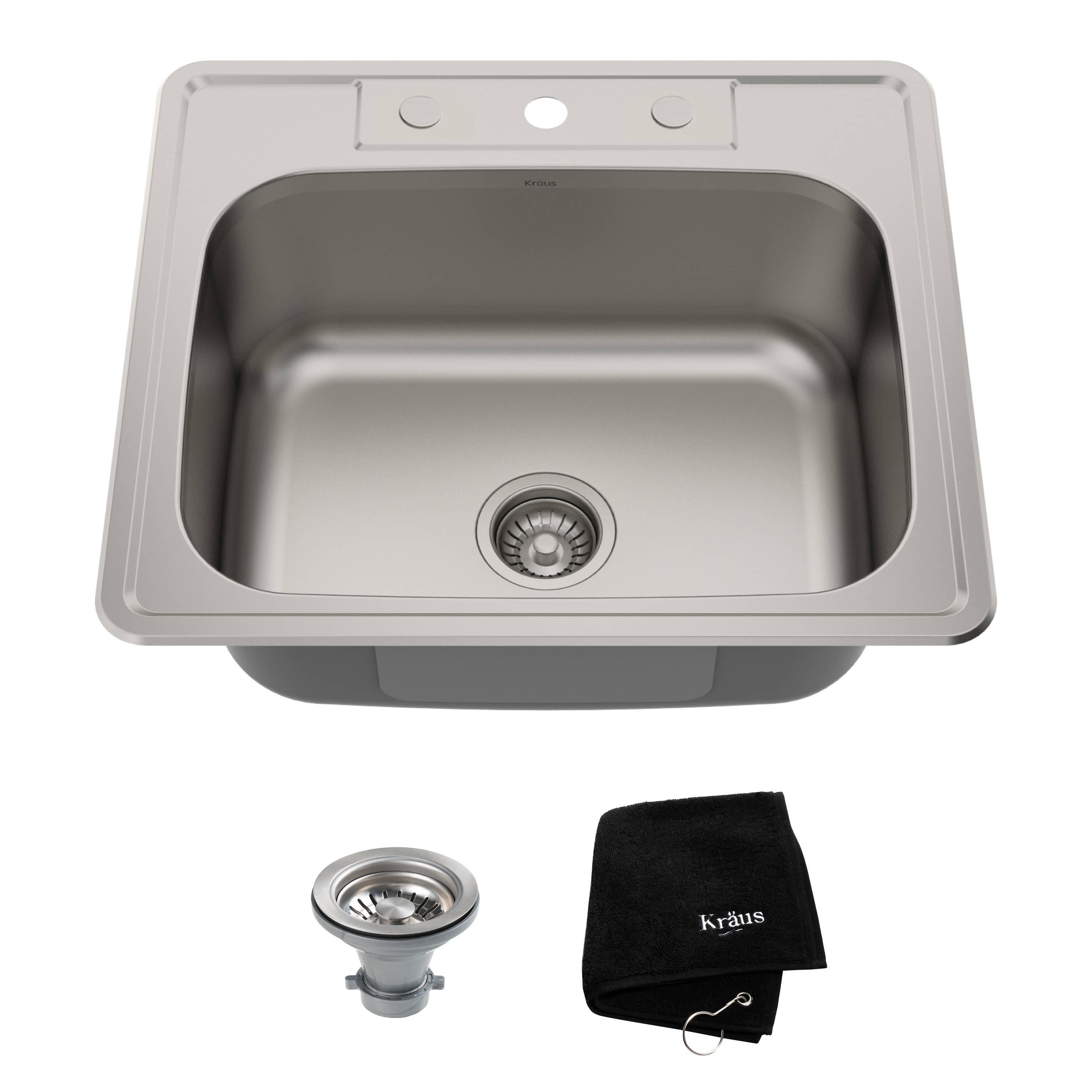KRAUS 25 inch L Topmount Single Bowl 18 Gauge Stainless Steel Kitchen Sink with NoiseDefend Soundproofing