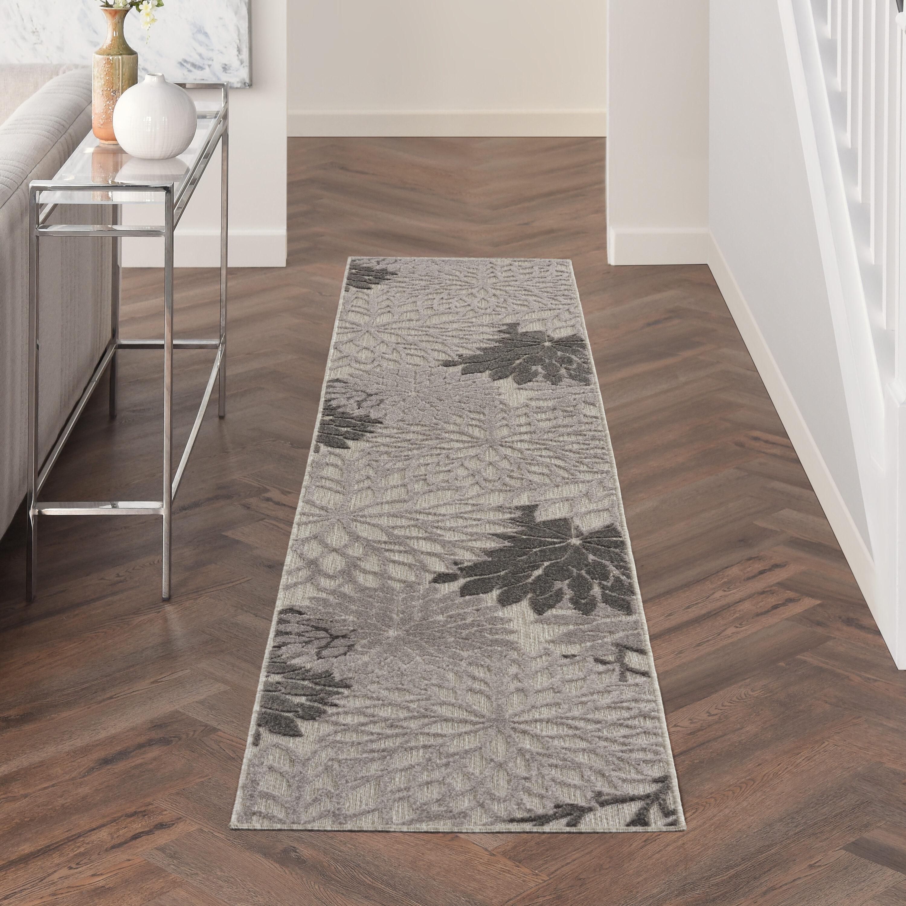 Nourison Aloha Floral Bloom Flatweave High-Low Indoor Outdoor Runner Rug Silver Grey 2'3" x 12'