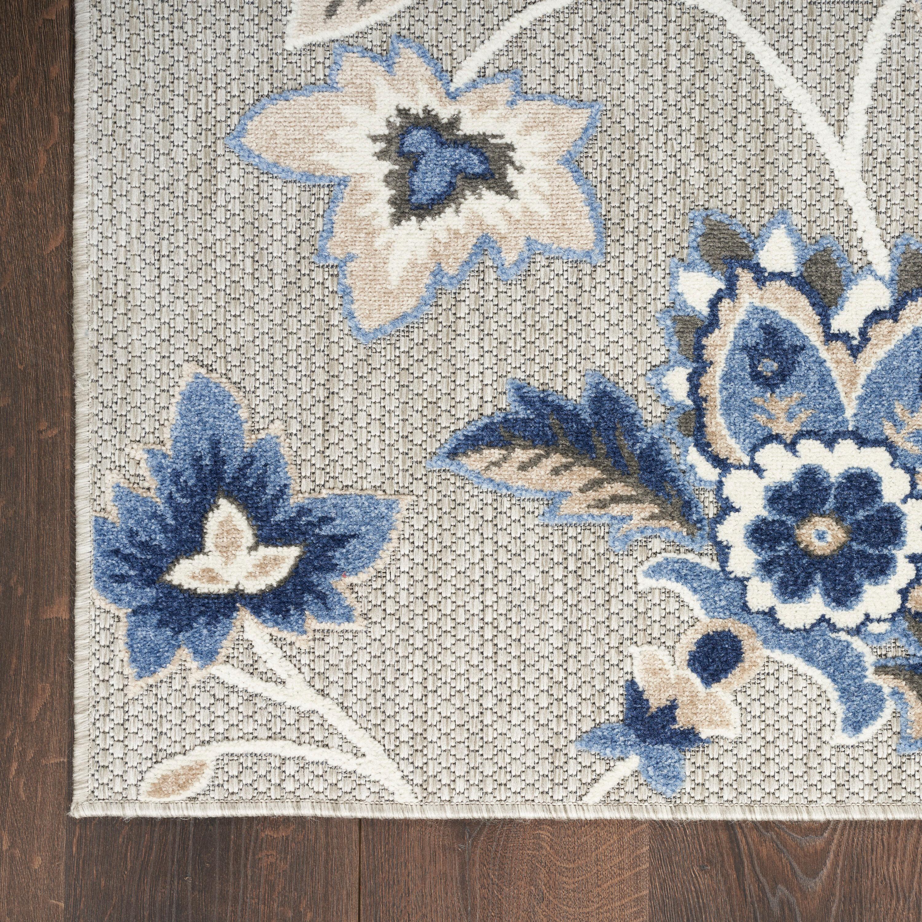 Nourison Aloha Floral Farmhouse Flatweave High-Low Indoor Outdoor Area Rug Blue Grey 3'6" x 5'6"