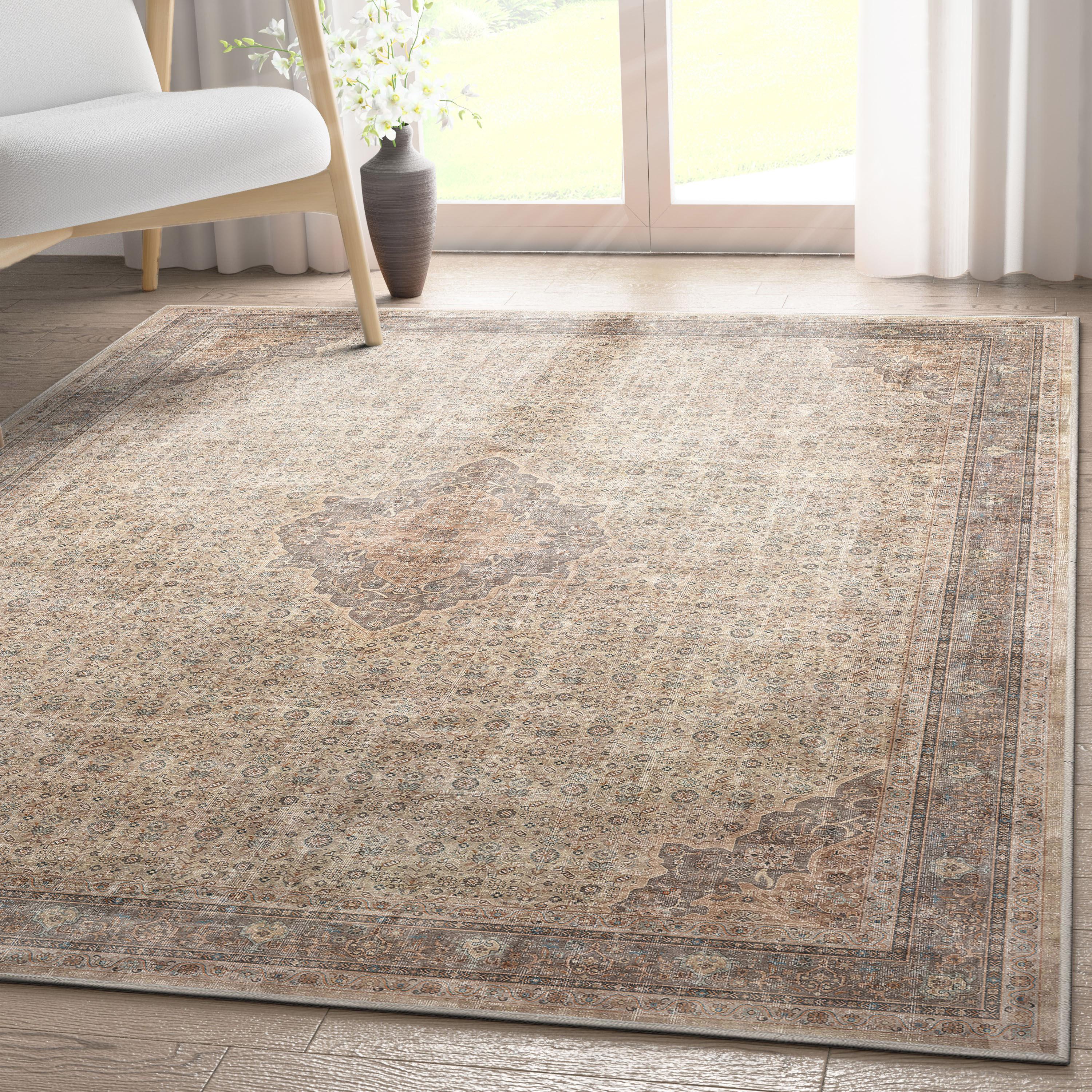 Beige Brown 5' x 7' Chenille Oriental Washable Rug