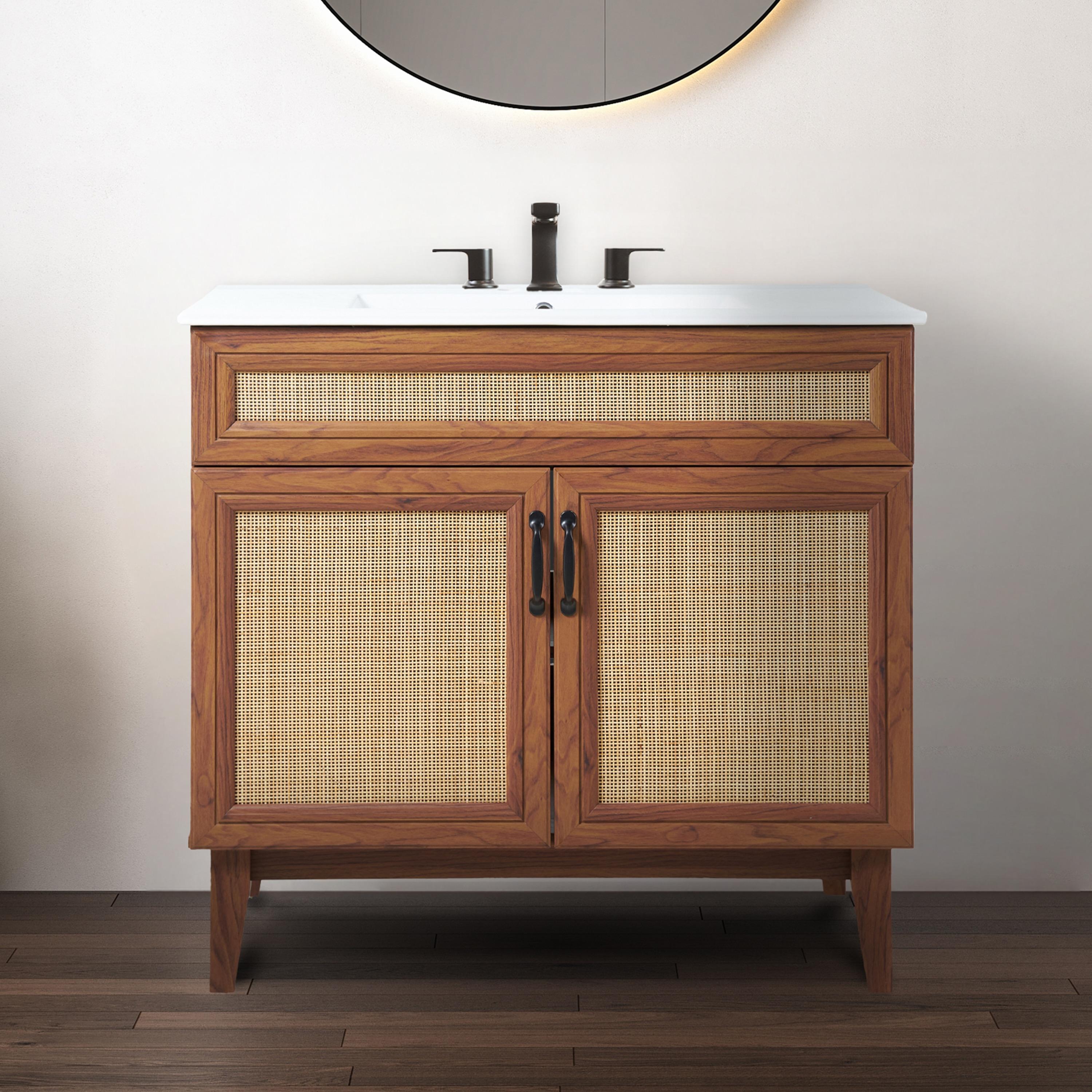 Javer 36" Rattan Modern Farmhouse 2-Shelf Bath Vanity Cabinet Only (Sink Basin not Included)