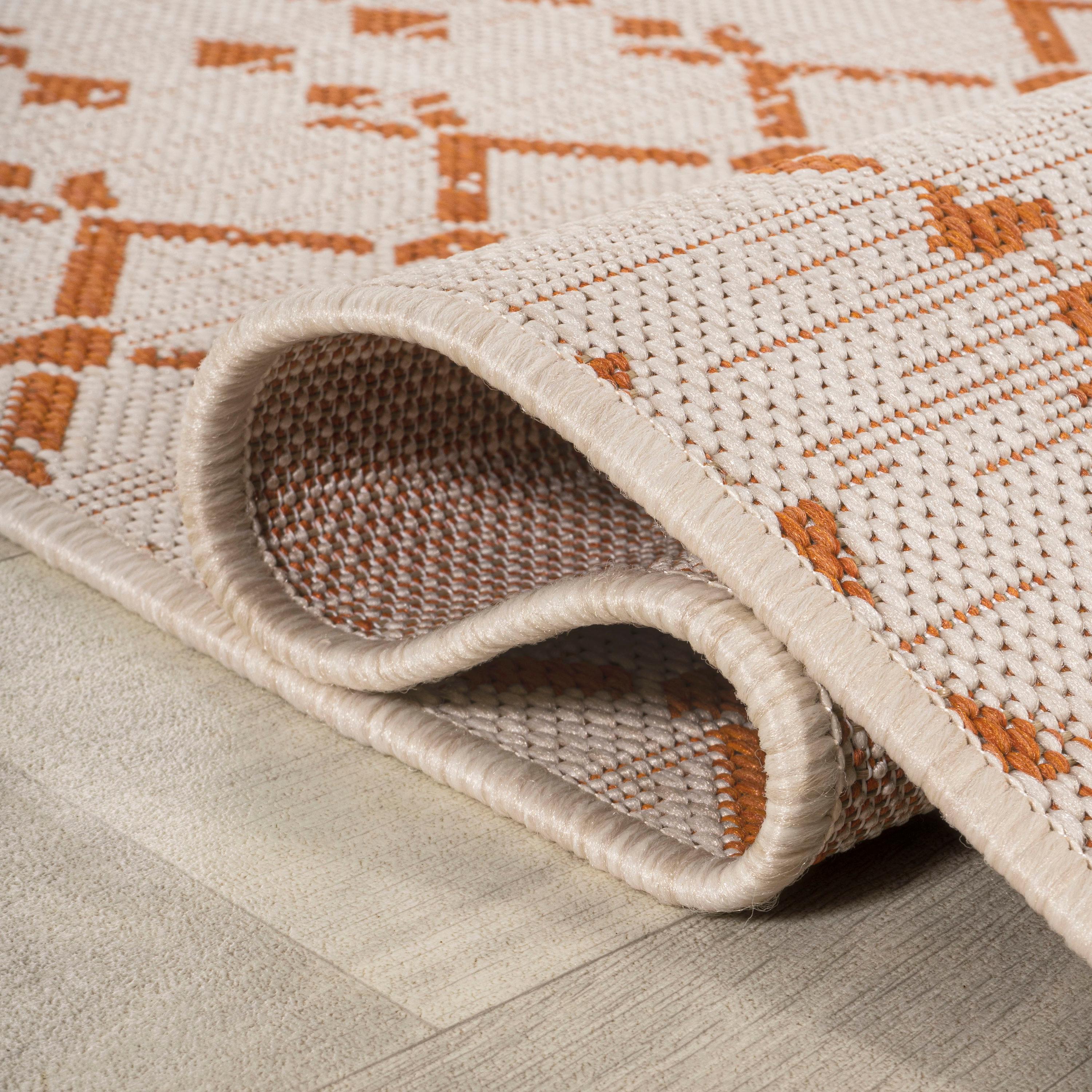 2' x 10' Ourika Moroccan Geometric Textured Weave Indoor/Outdoor Runner Rug, Cream/Orange - JONATHAN Y