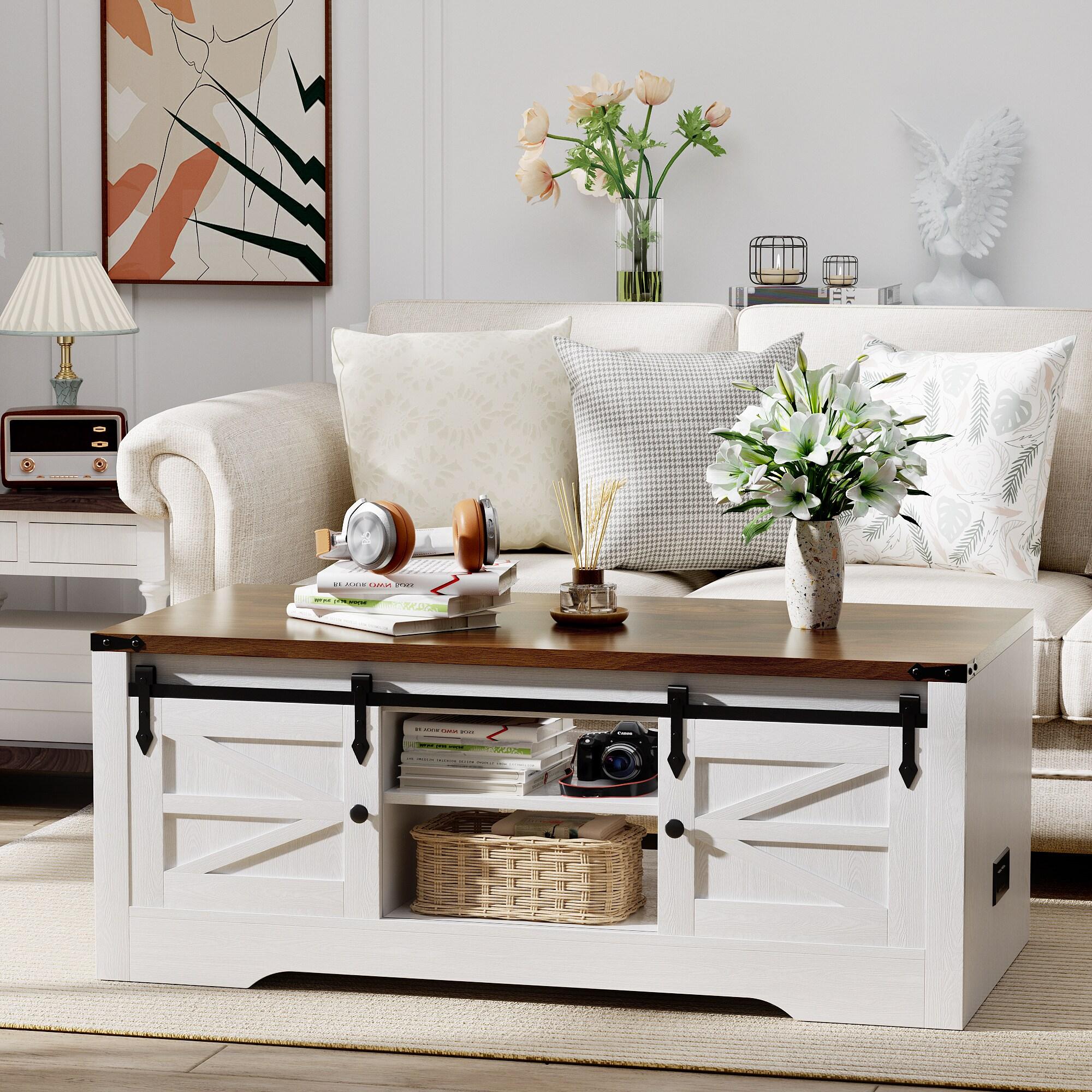 OKD 48" Farmhouse Lift Top Coffee Table with Sliding Barn Door & Adjustable Shelf, Antique White