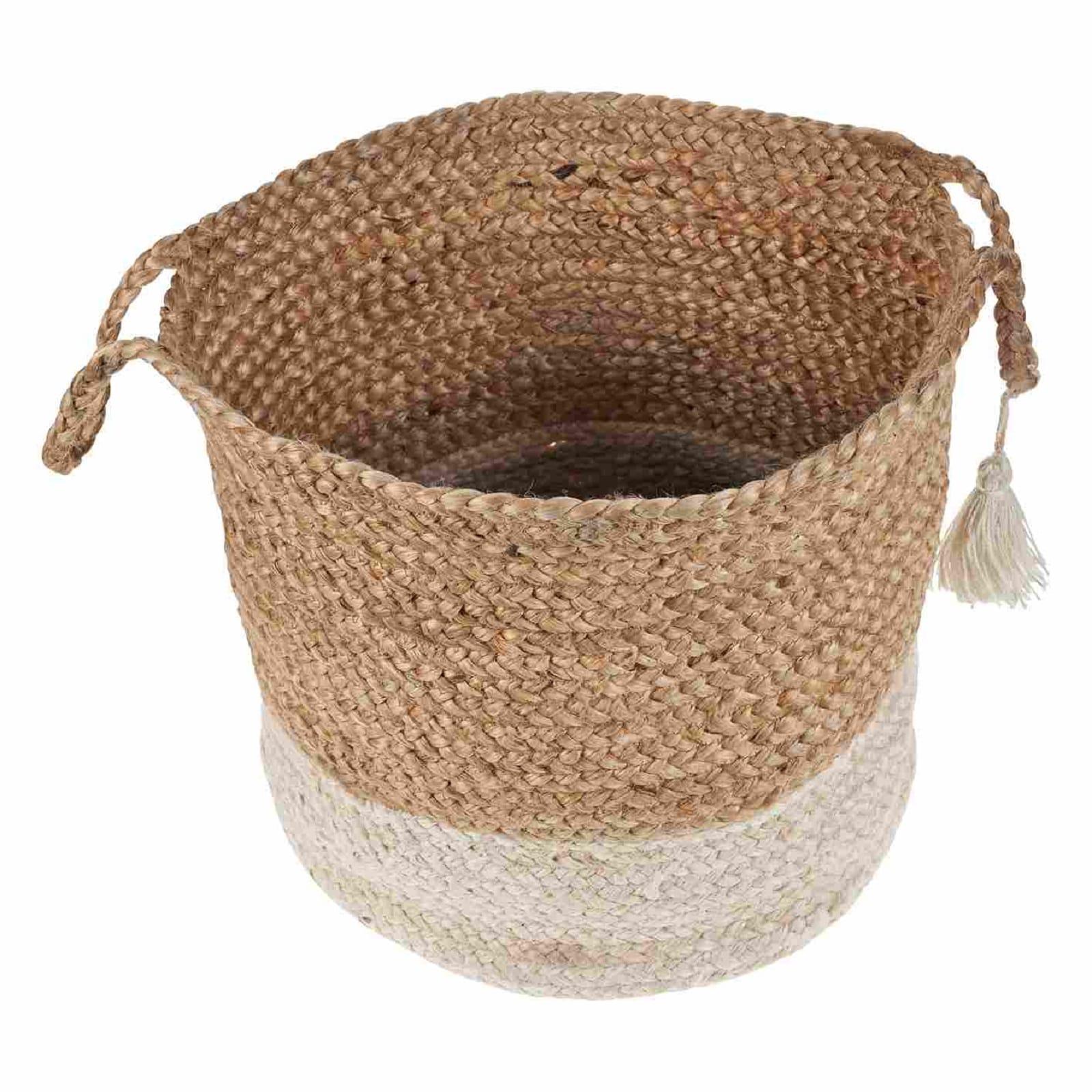 LR Home Woven Round Jute 17" Storage Basket with Handles, White Stripe