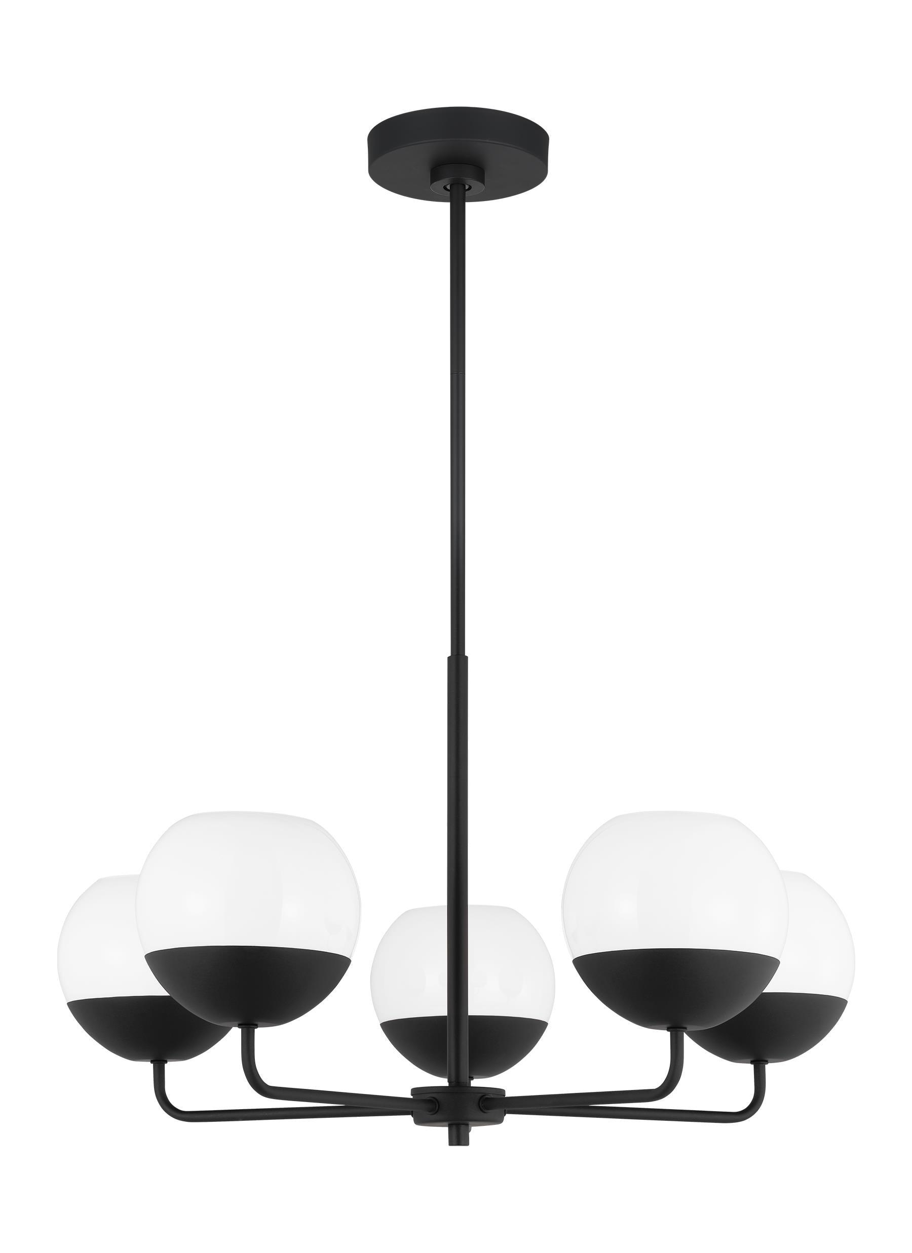 Alvin Midcentury Midnight Black 5-Light Chandelier with Milk Glass Shades