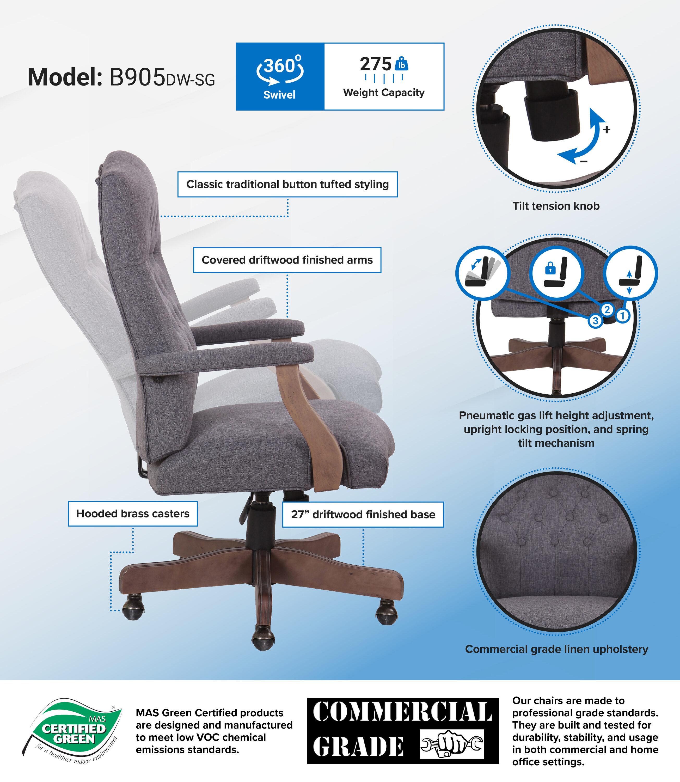 Traditional Executive Chair Slate Gray - Boss Office Products: Driftwood Base, Brass Castors, Pneumatic Lift