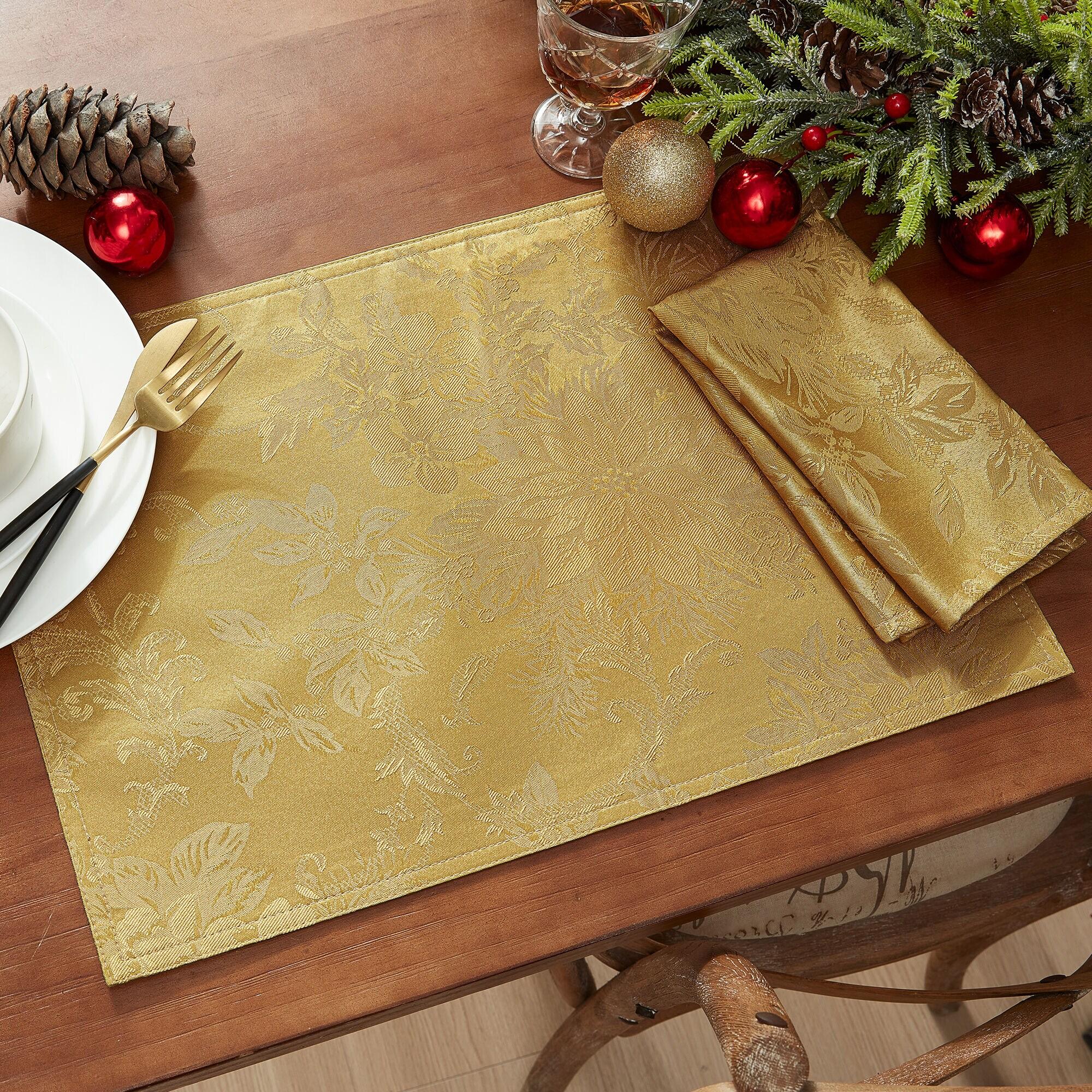 Poinsettia Elegance Jacquard Holiday Tablecloth - 52" Square - Gold - Elrene Home Fashions