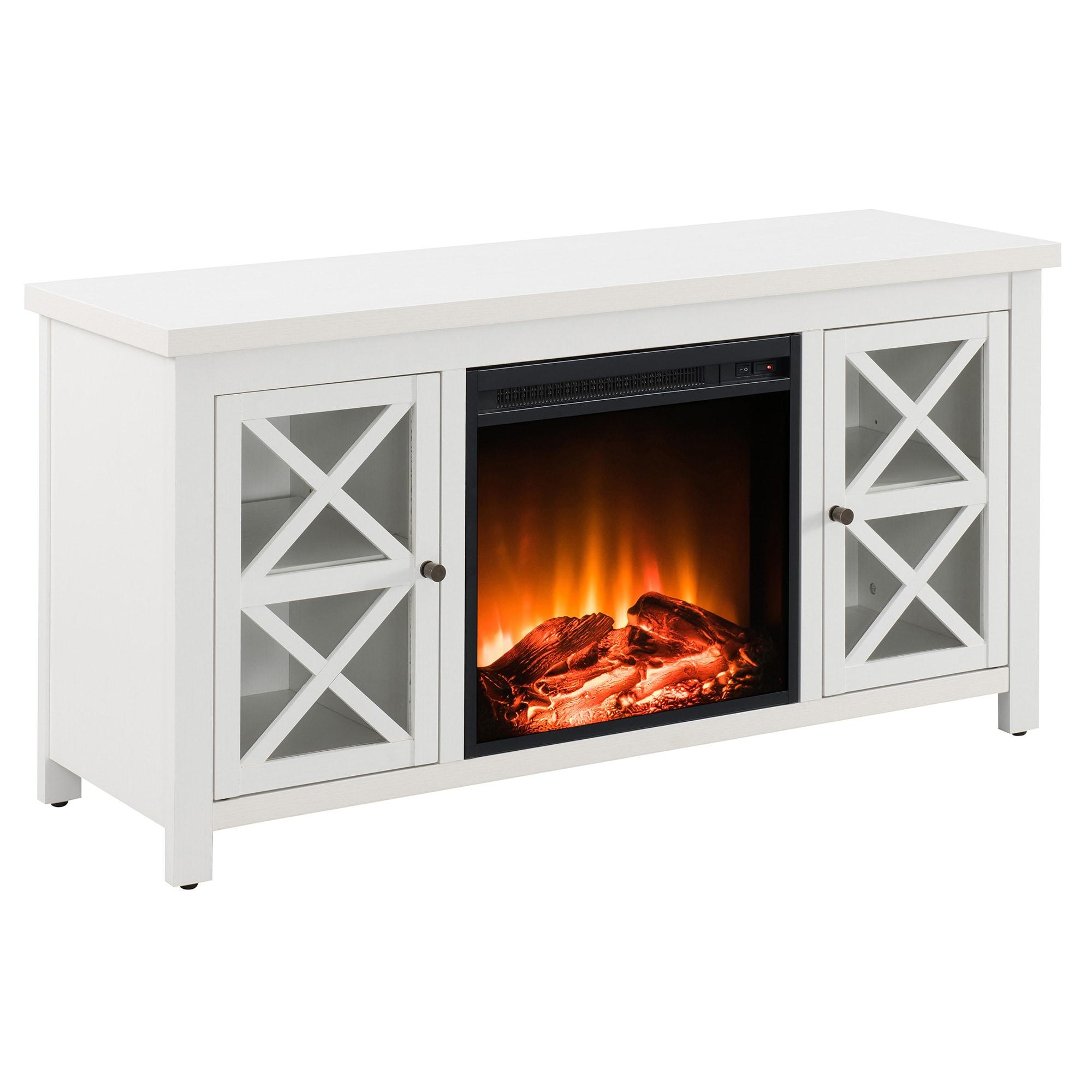 Evelyn&Zoe Colton Rectangular TV Stand with Log Fireplace for TV's up to 55", White