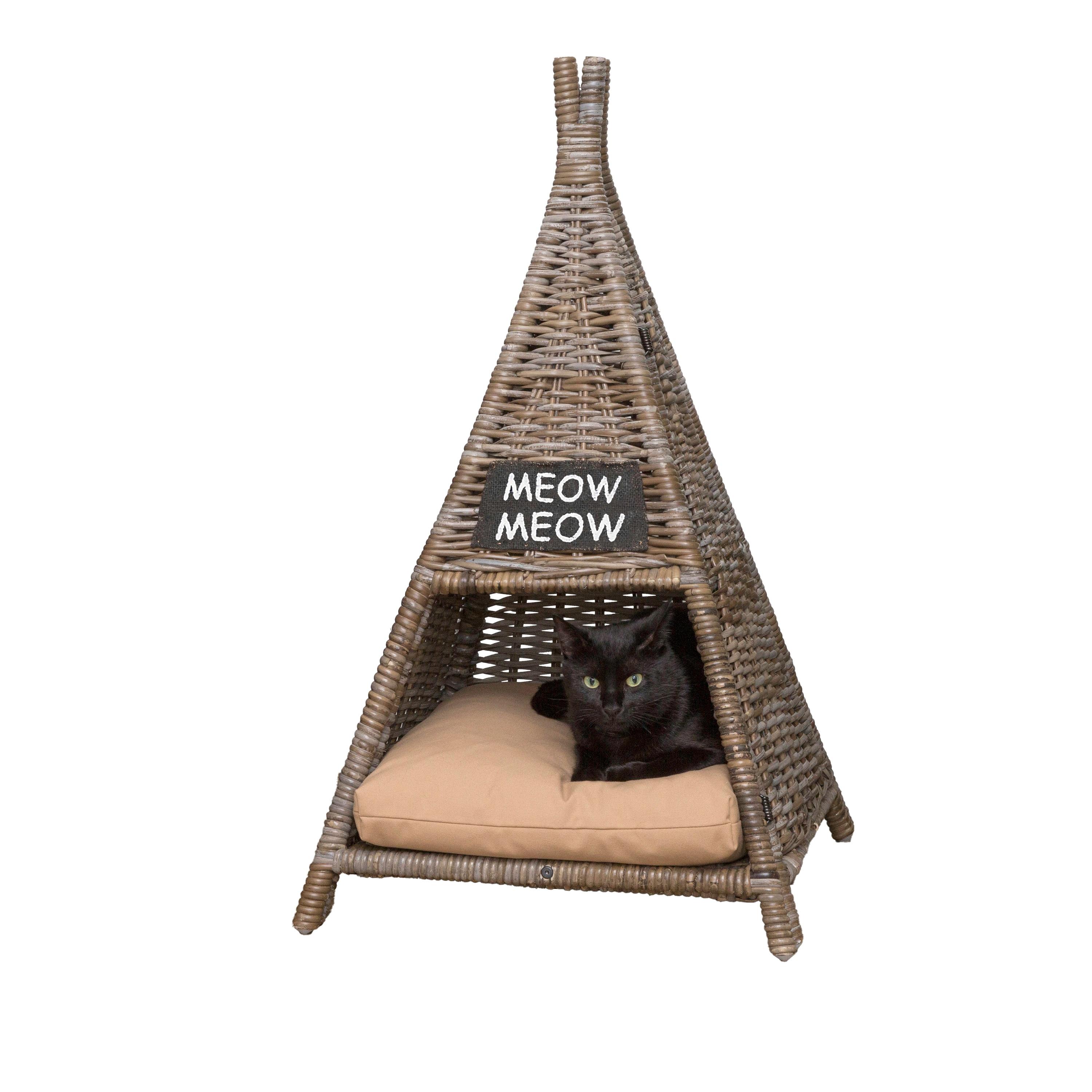 Tiki Tent 20" x 20" Coastal Handwoven Rattan Cat Bed with Machine-Washable Cushion, Kubu Gray