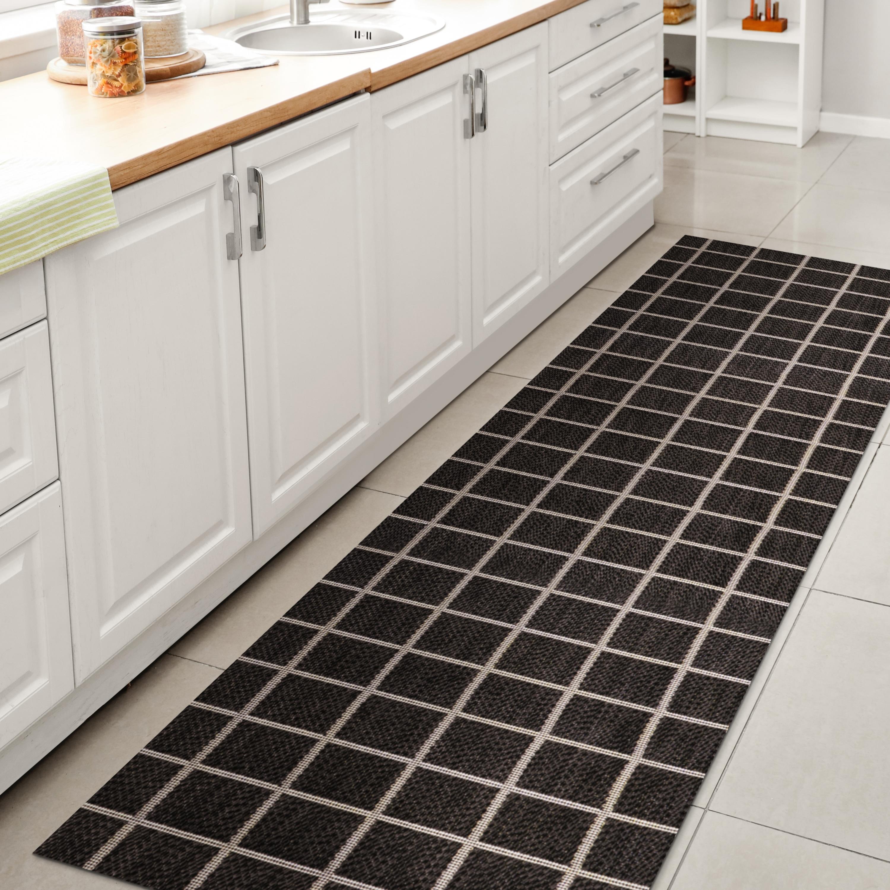 2' x 8' Grid Modern Squares Indoor/Outdoor Runner Rug, Black/Cream - JONATHAN Y