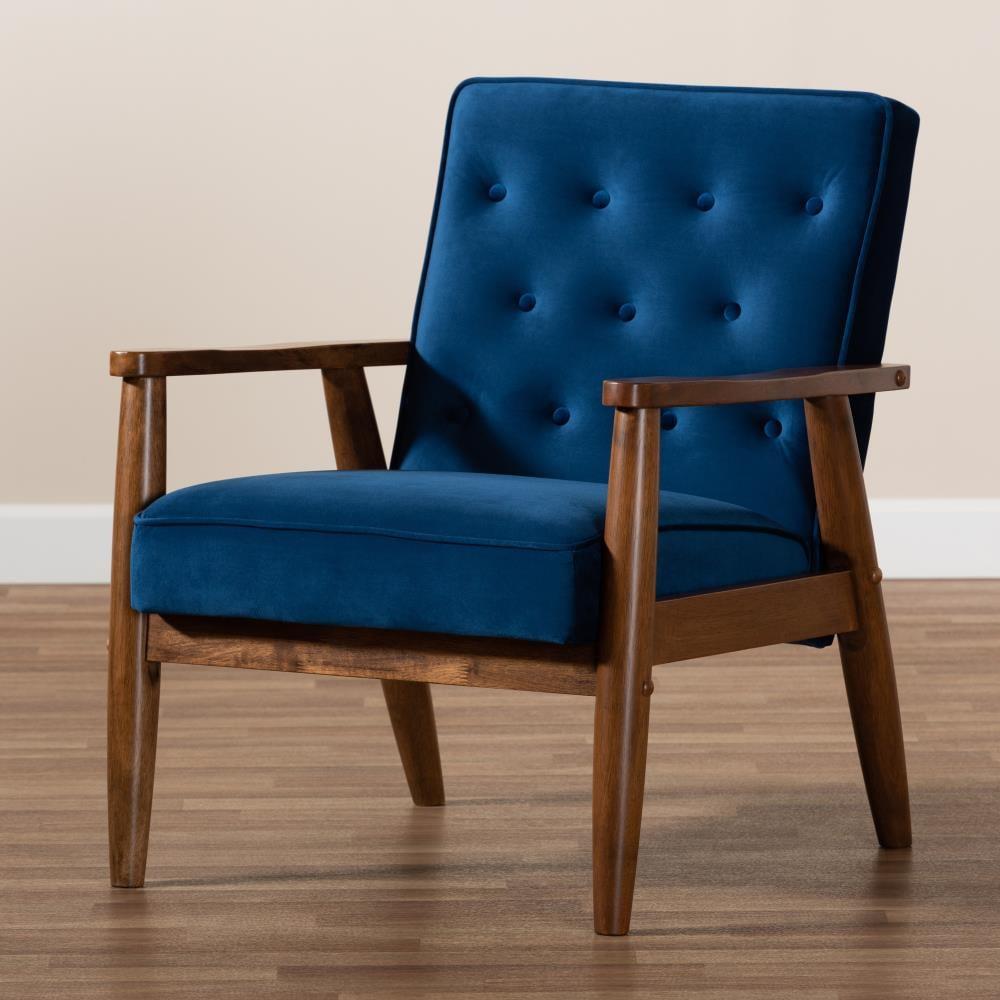 Sorrento Velvet Upholstered Wooden Lounge Chair Navy Blue/Brown - Baxton Studio: Mid-Century Modern, Button-Tufted, Danish Design