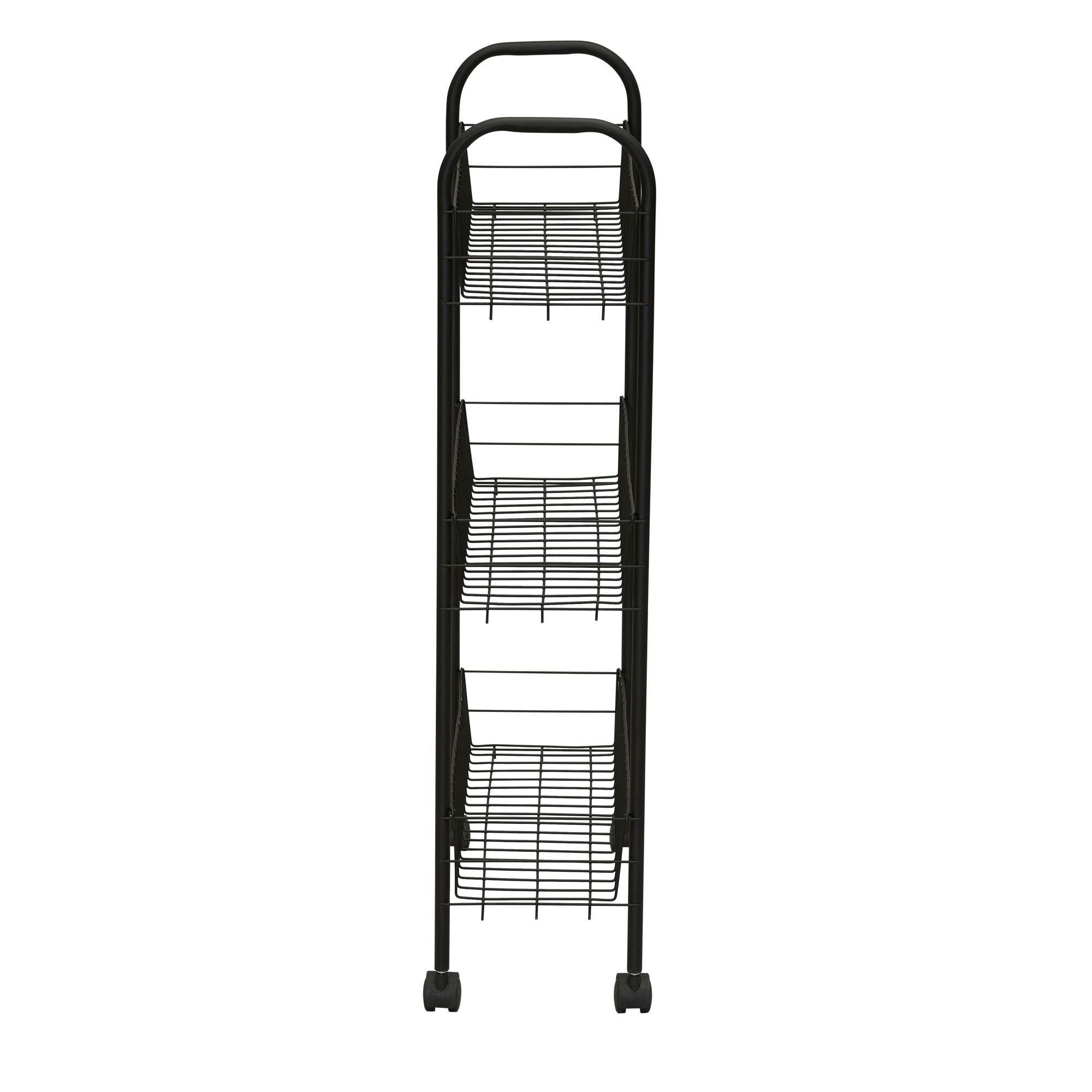 Household Essentials Slimline 3-Shelf Laundry Cart Black: Portable Steel Utility Storage Rack with 20 lb Capacity