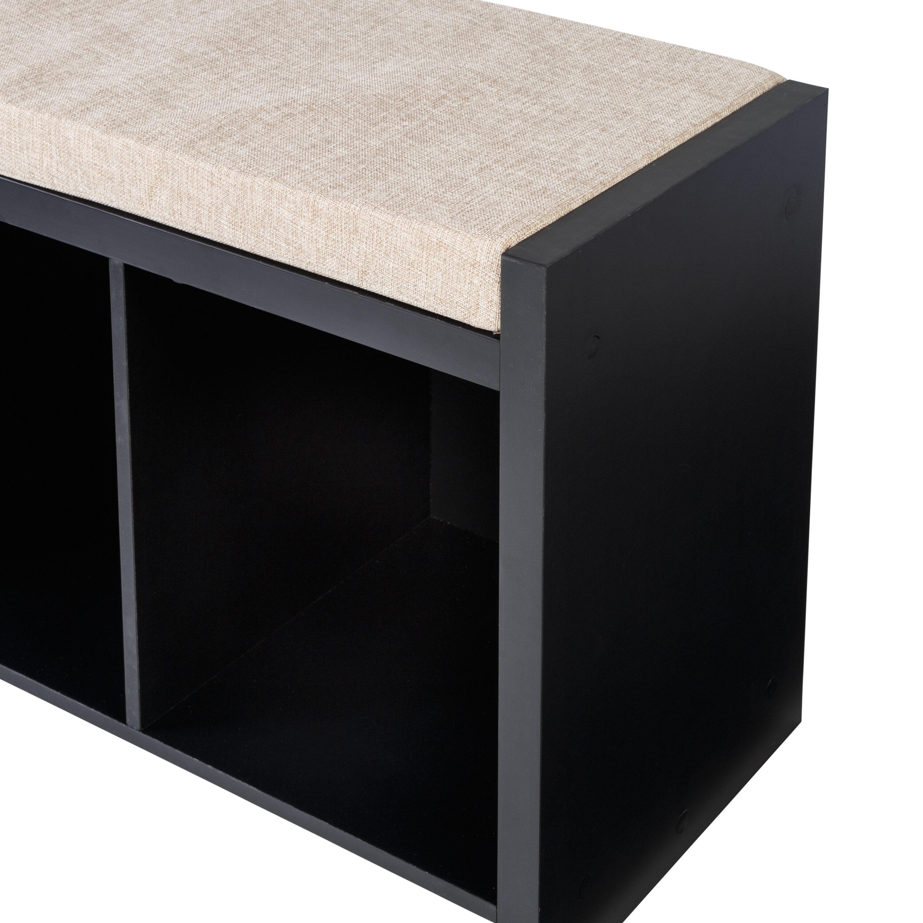 Honey-Can-Do Wood 3-Cubby Shoe Storage Organizer Bench with Cushion, Black/Tan