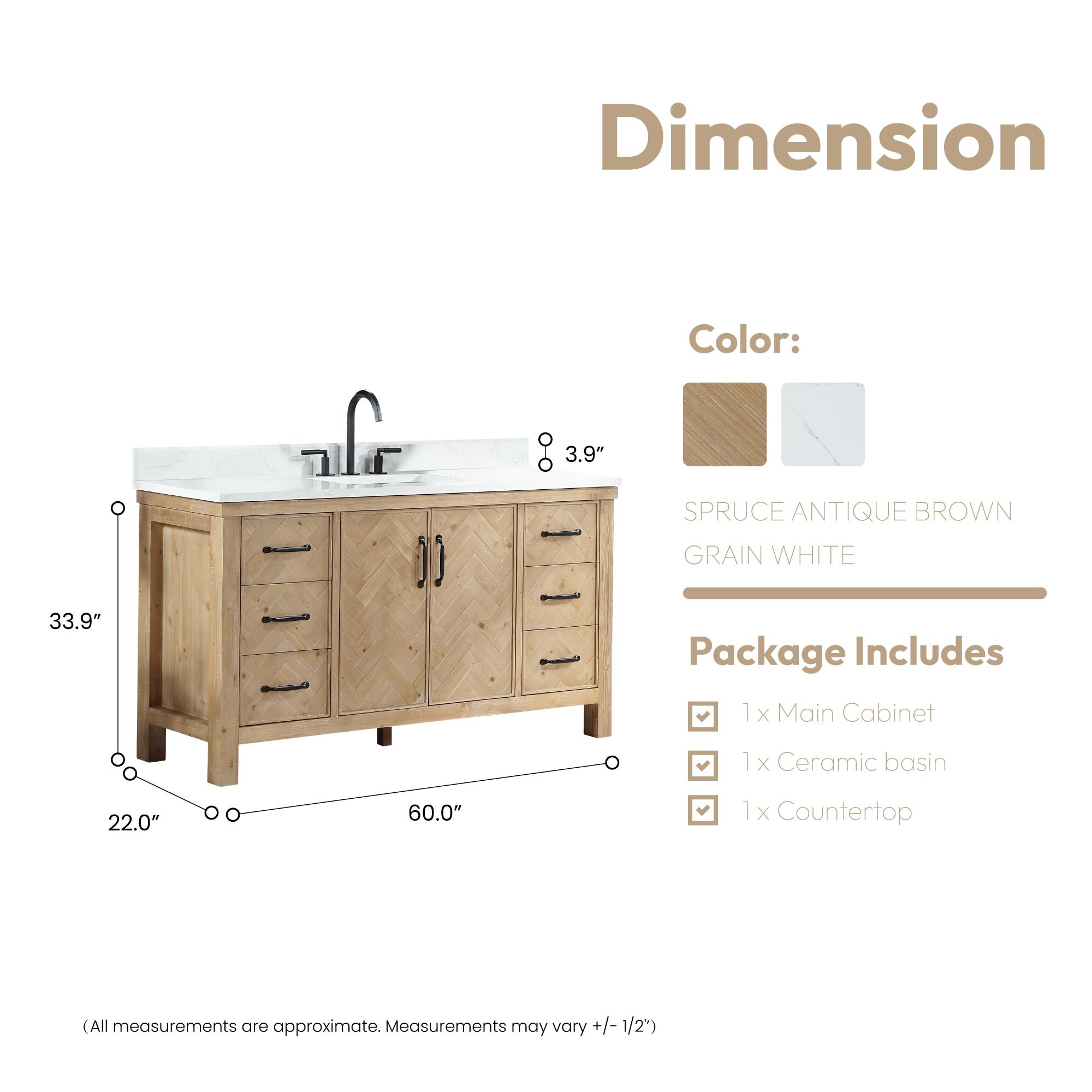 Javier 60" Bath Vanity in Spruce Antique Brown with White Grain Composite Stone