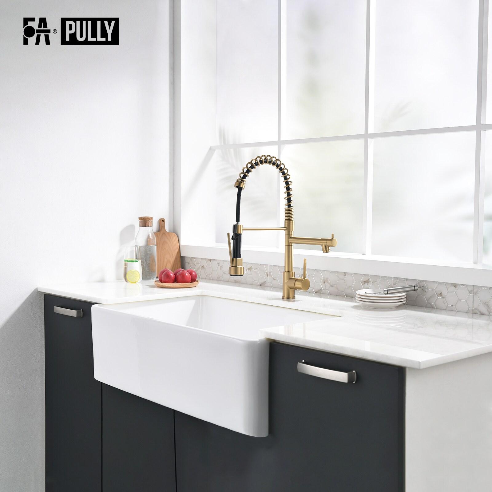 Fapully Single Handle High Arc Brushed Gold Pull Down Kitchen Faucet LED,Single Level Kitchen Sink Faucets with Pull Down Sprayer
