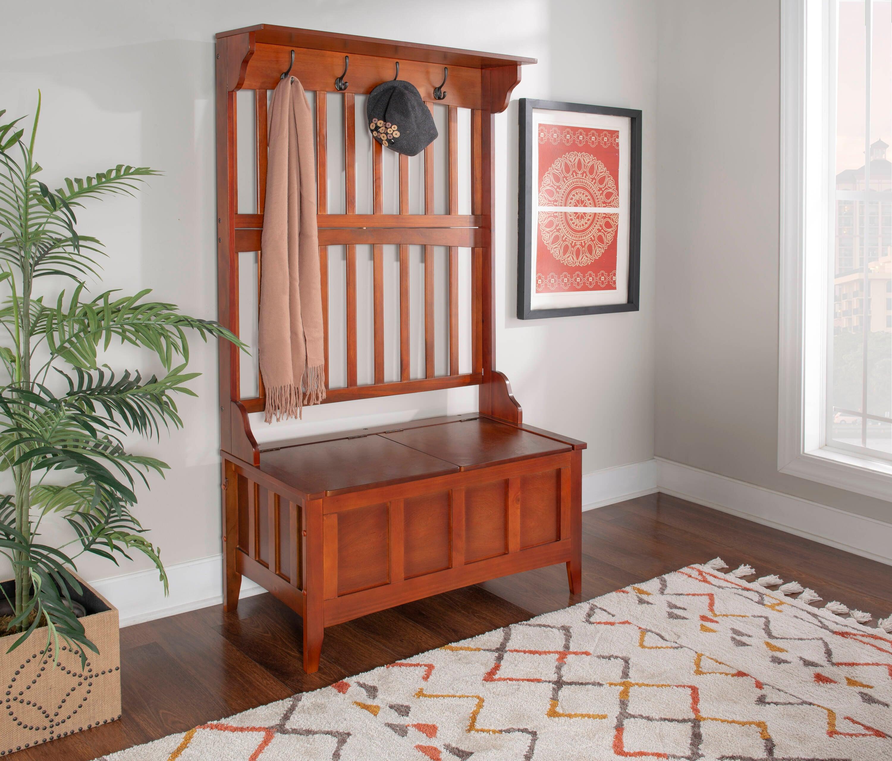 Misson Traditional 4 Double Hooks Storage Bench Top Shelf Hall Tree Walnut Finish - Linon: Entryway Organizer, Flip-up Seat