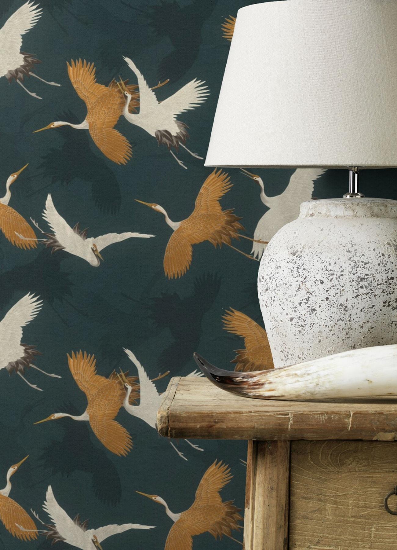 Advantage Kusama Dark Blue Crane Wallpaper