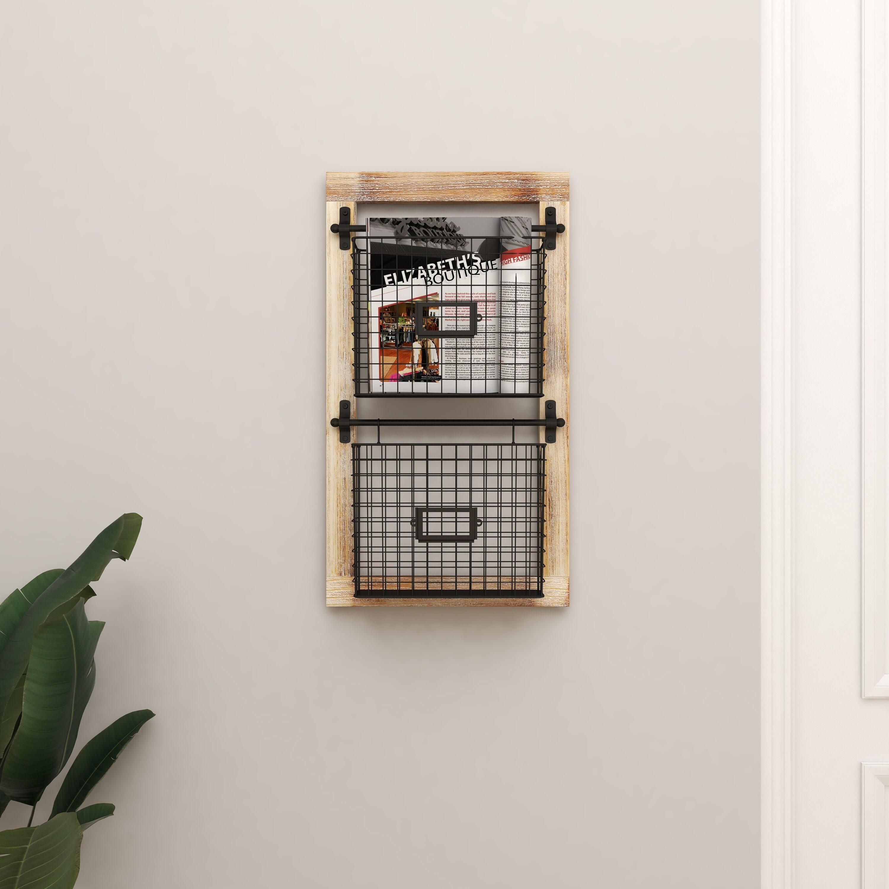 DecMode 25" Black Wood 2 Slots Magazine Rack Holder with Suspended Baskets and Label Slot