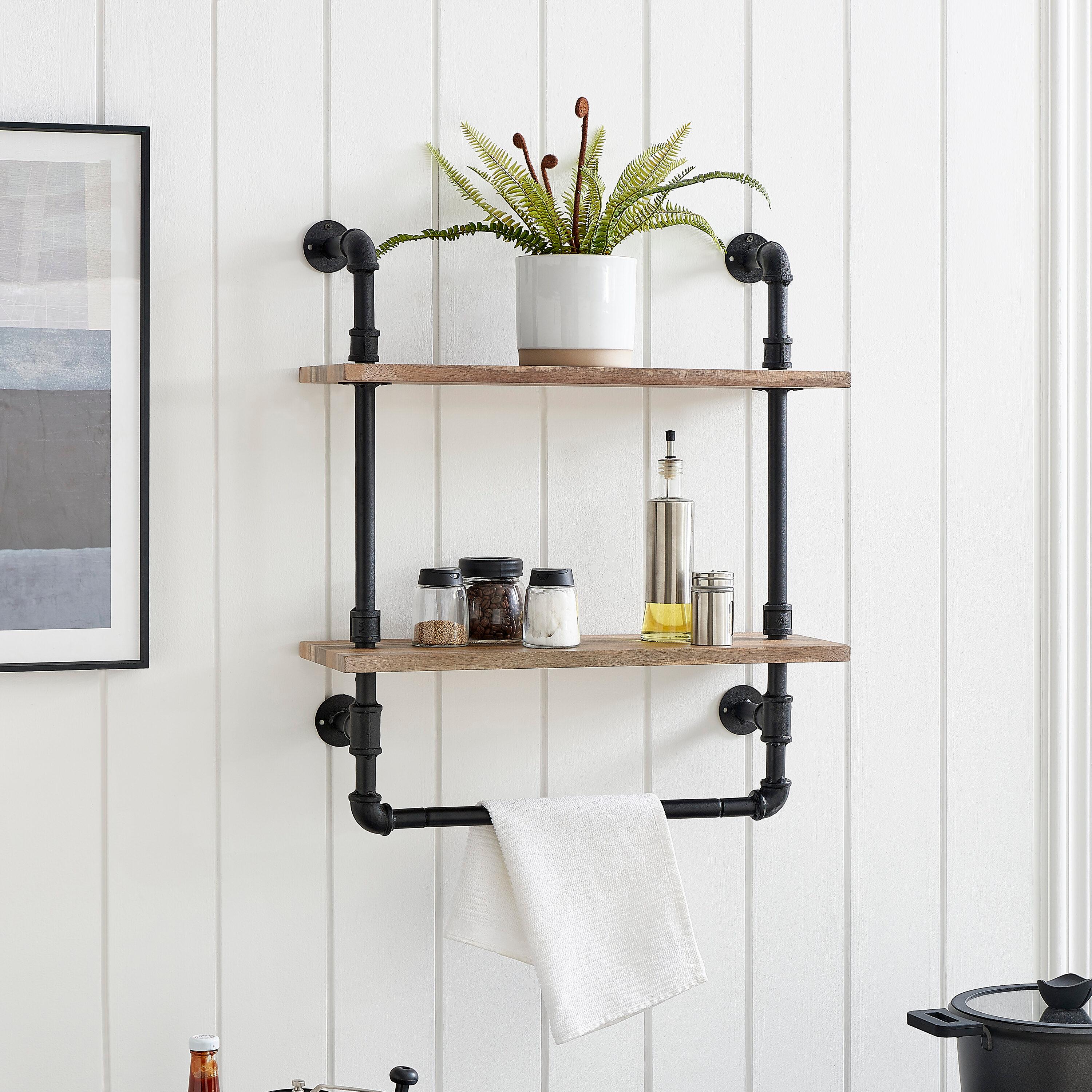Danya B. 2-Tier Olivia Pipe Wall Shelf Unit with Hanging Rod Black/Rustic: Laminated Iron Storage, Includes Mounting Hardware