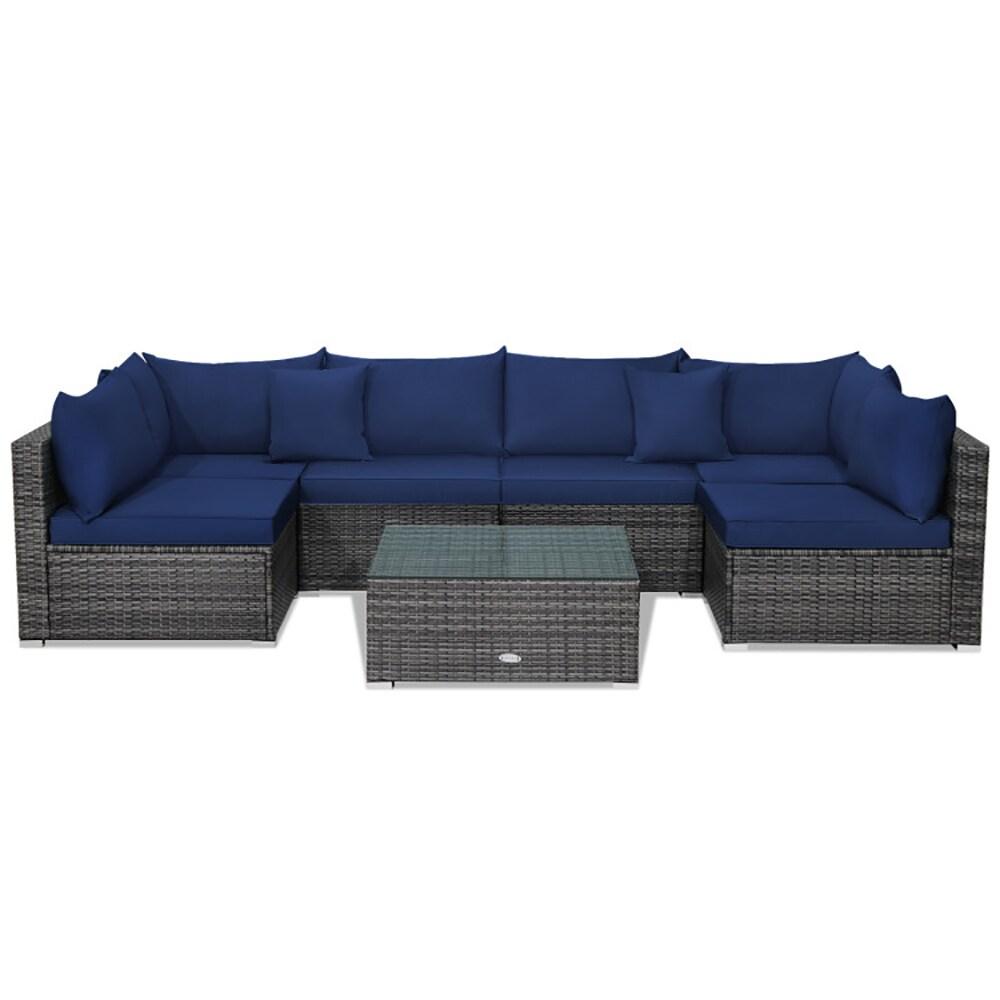 Costway 7PCS Patio Rattan Furniture Set Sectional Sofa Cushioned Garden Navy