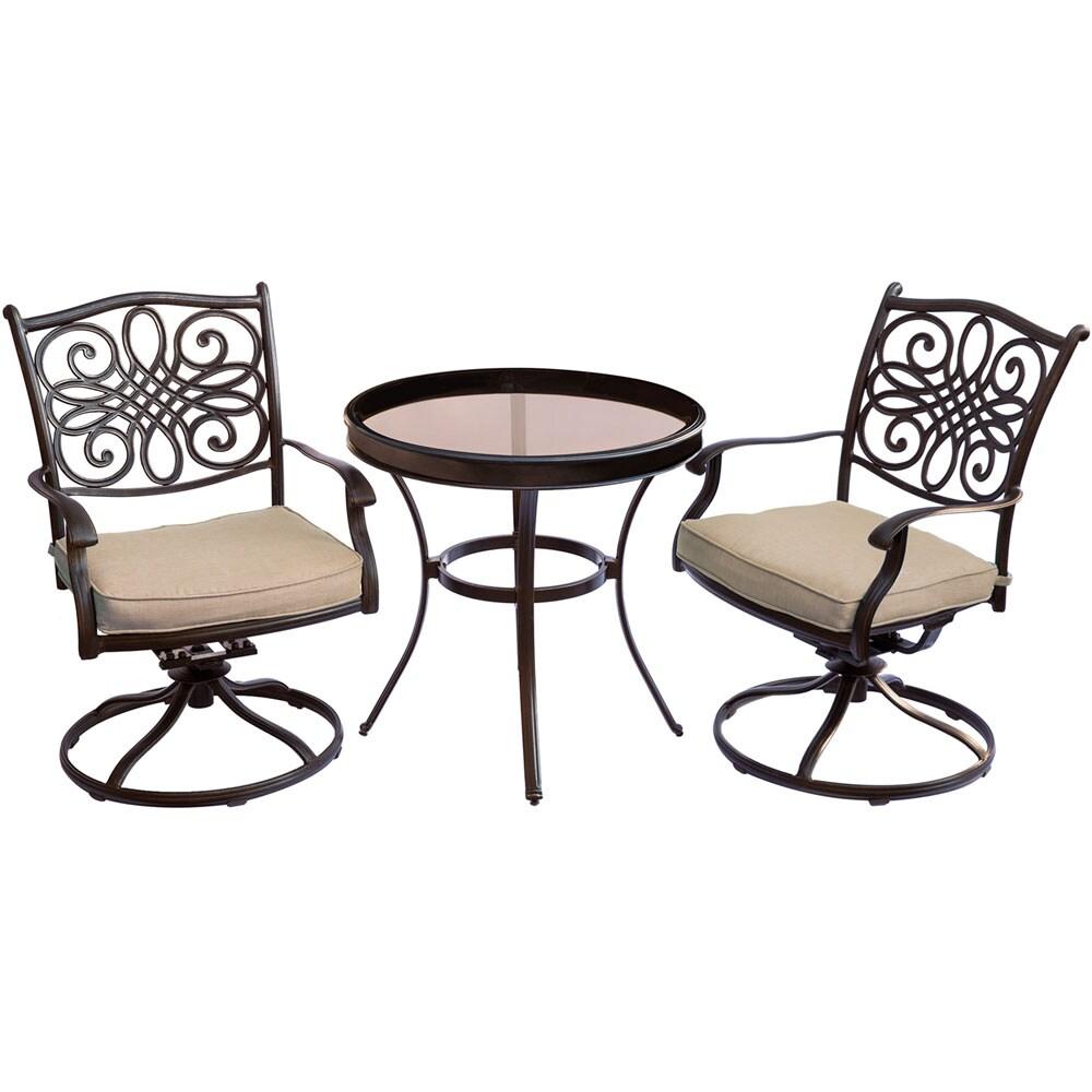 Hanover Traditions 3-Piece Swivel Bistro Set in Tan with 30 in. Glass-top Table