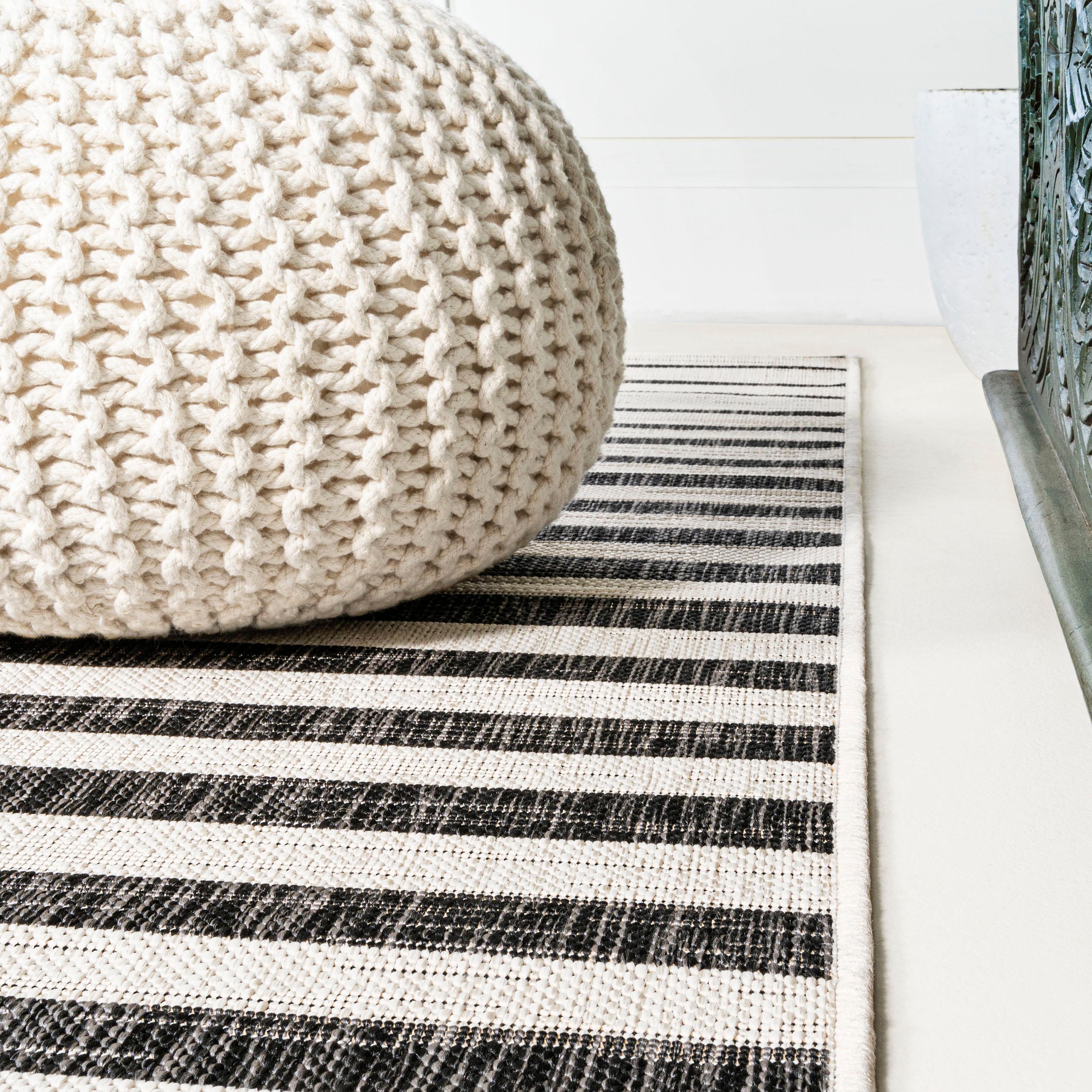 2'x10' Sukie Modern Offset Stripe Indoor/Outdoor Runner Rug, Ivory/Black - JONATHAN Y