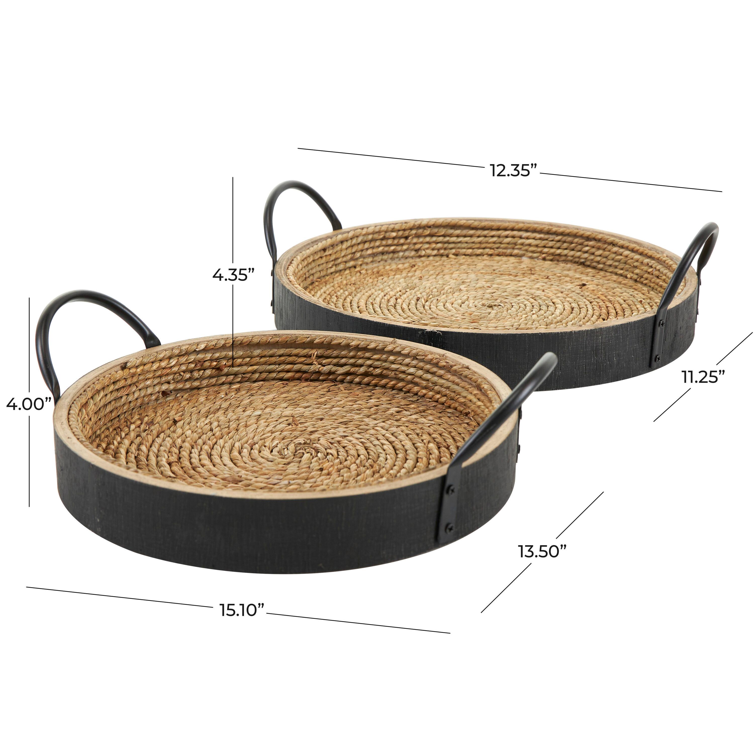 Set of 2 Round Black and Natural Wood Decorative Trays