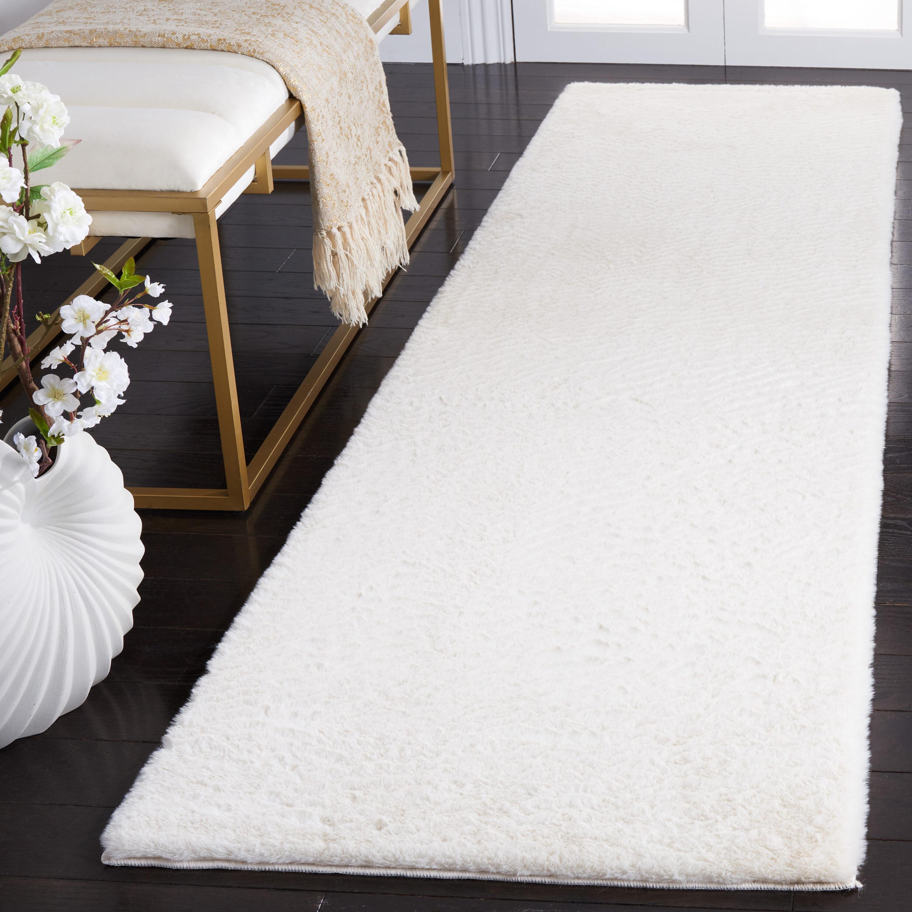 SAFAVIEH Faux Rabbit Fur David Solid Runner Rug, Off White, 2'3" x 8'