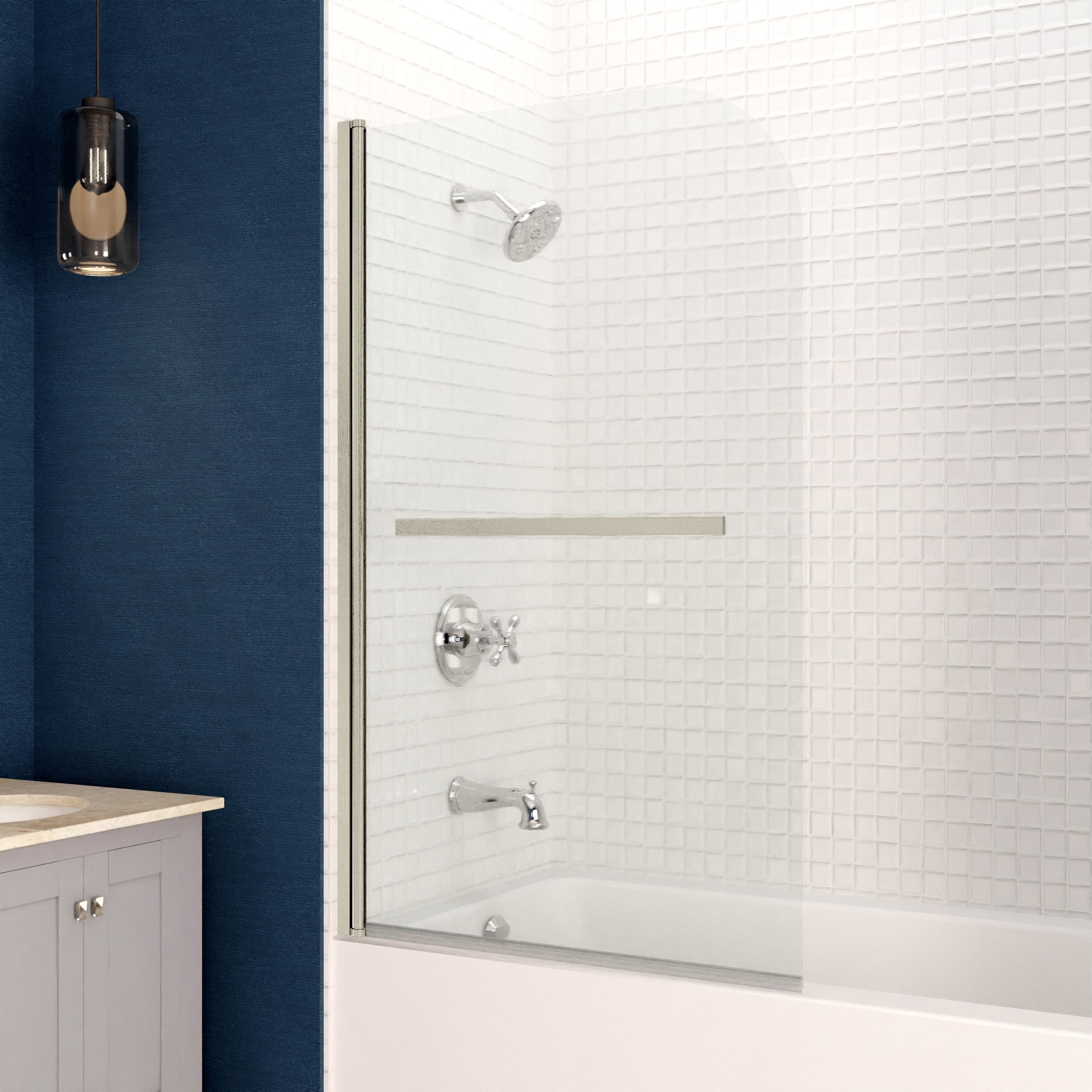 Myth 28 in. W x 56 in. H Hinged Frameless Tub Door with Tsunami Guard Technology