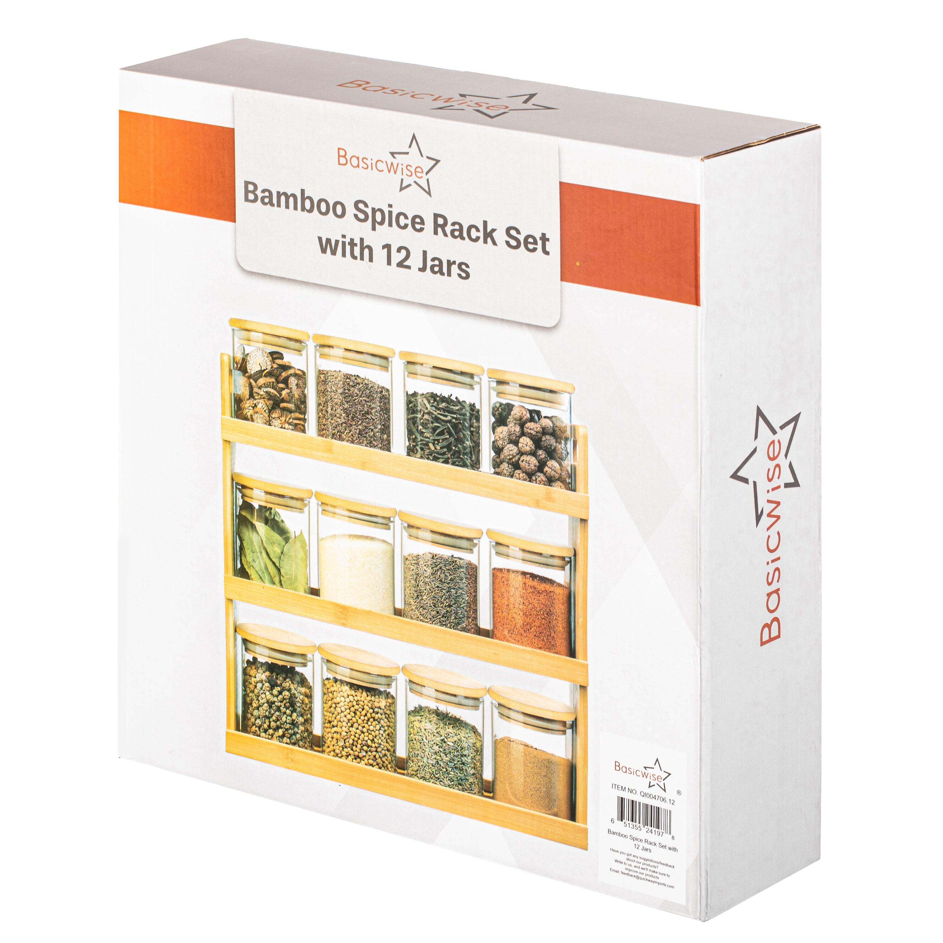 Basicwise 3-Tier Bamboo Spice Rack & Pantry Organizer with 12 Glass Jars.Perfect for Storage in Kitchens to Keep Seasoning Containers Neatly Displayed
