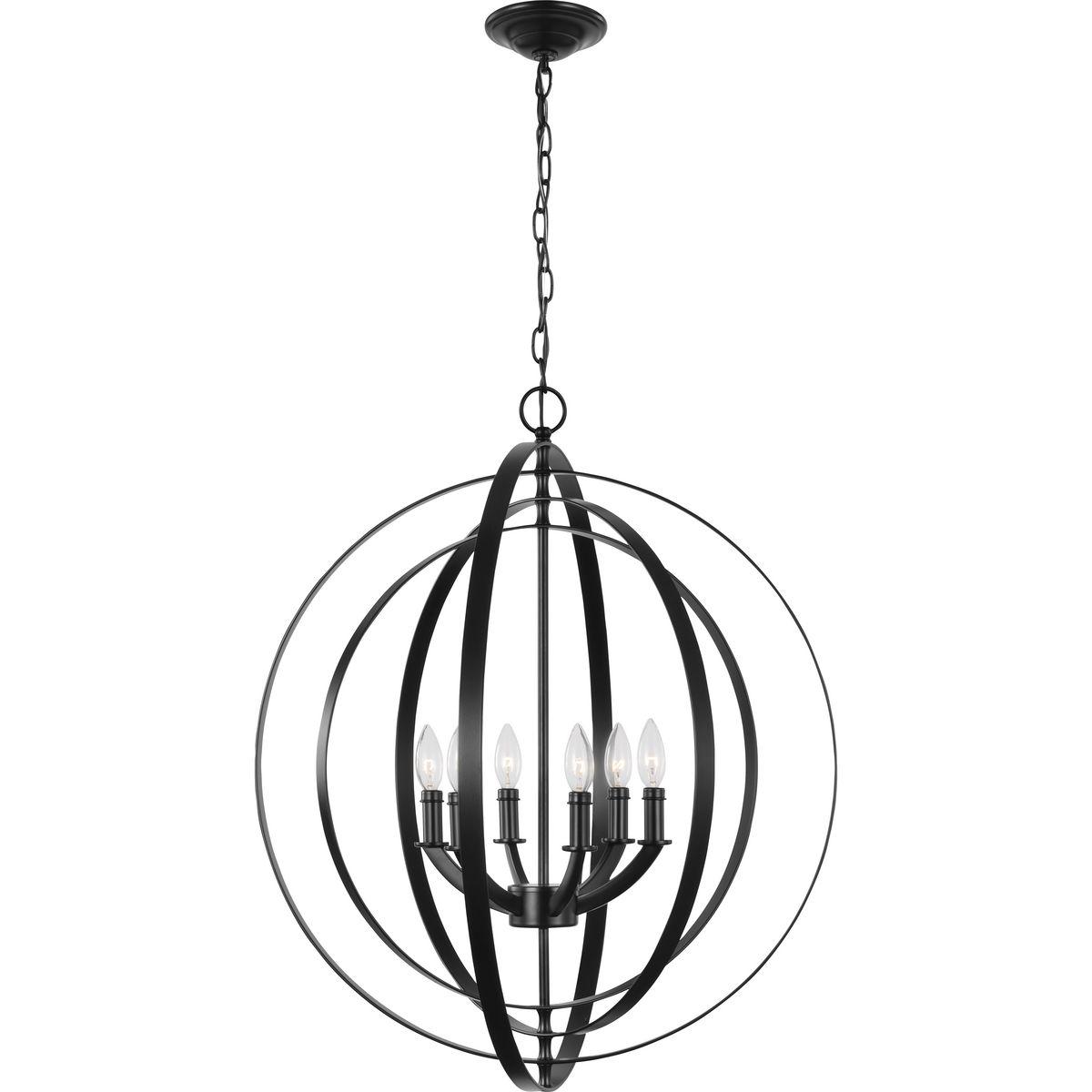 Progress Lighting Equinox 6-Light Chandelier Pendant, Steel, Black Finish, Armillary Sphere Design, Polished Chrome Shade