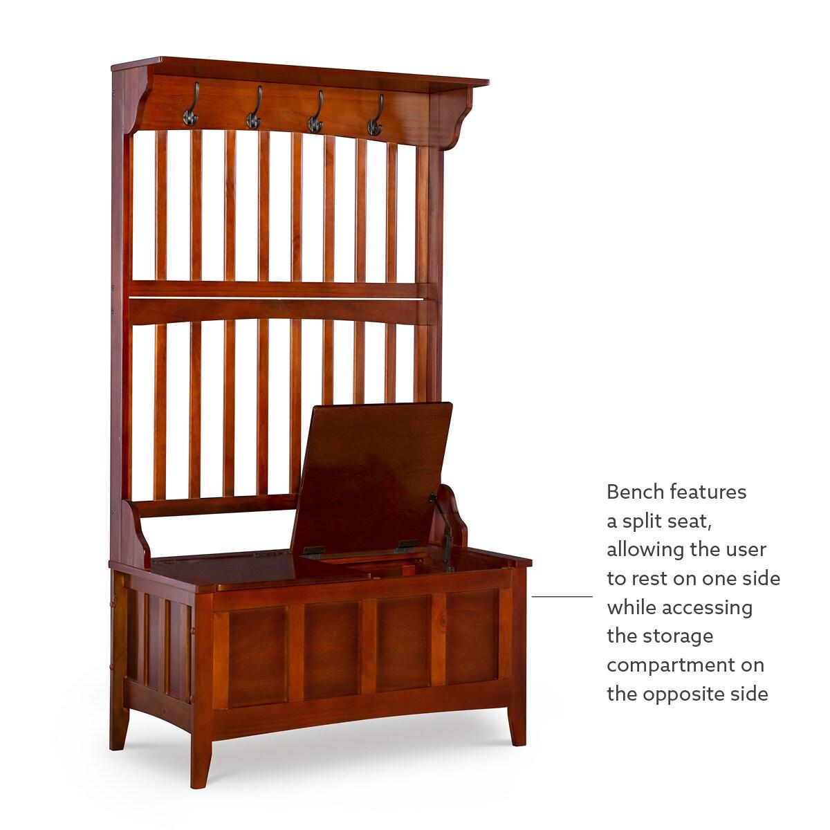Misson Traditional 4 Double Hooks Storage Bench Top Shelf Hall Tree Walnut Finish - Linon: Entryway Organizer, Flip-up Seat
