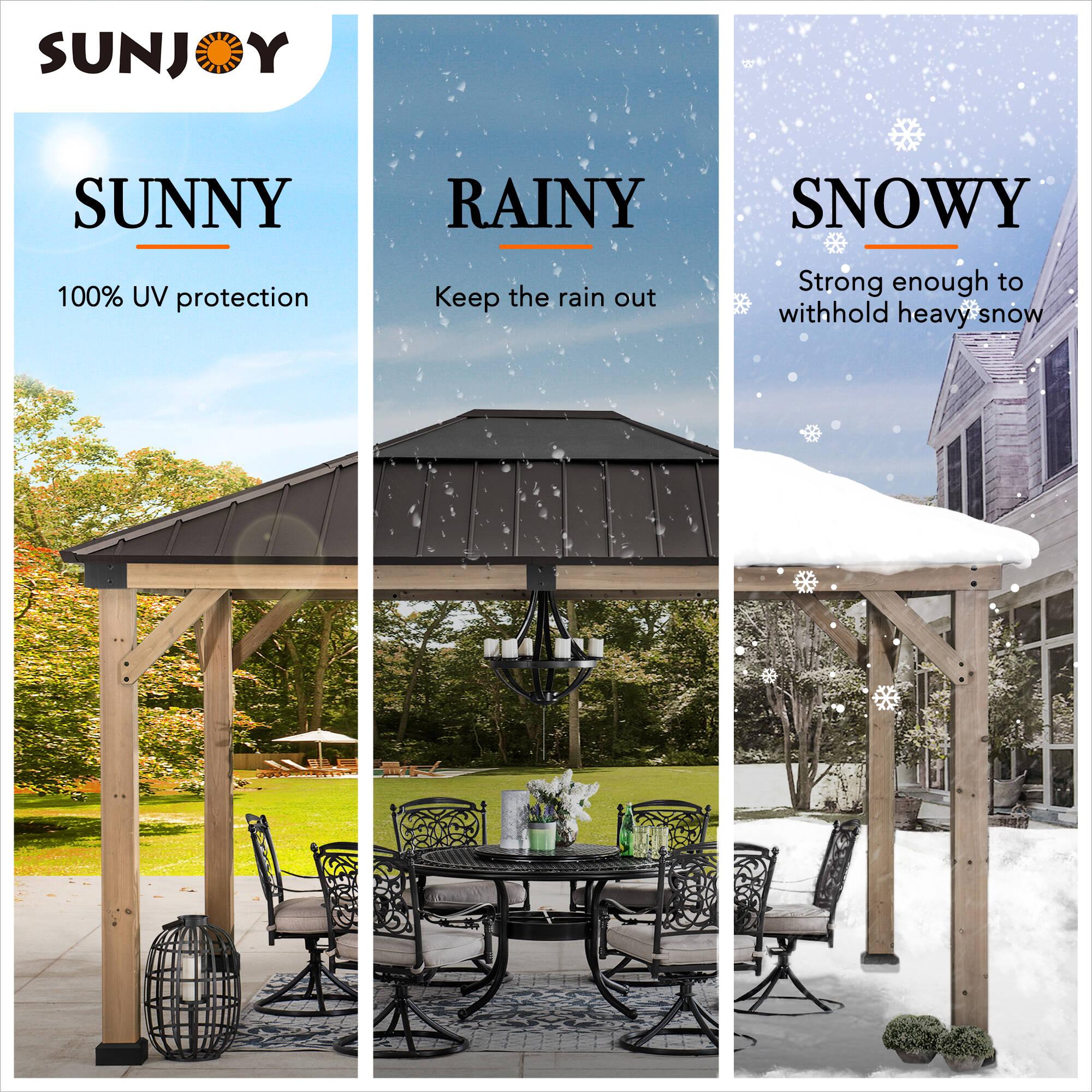 Sunjoy Hardtop Gazebo 11 x 13 ft. Upgrade Cedar Framed Wood Gazebos with Brown Steel and Polycarbonate Hip Roof Hardtop for Garden, Backyard Shade,