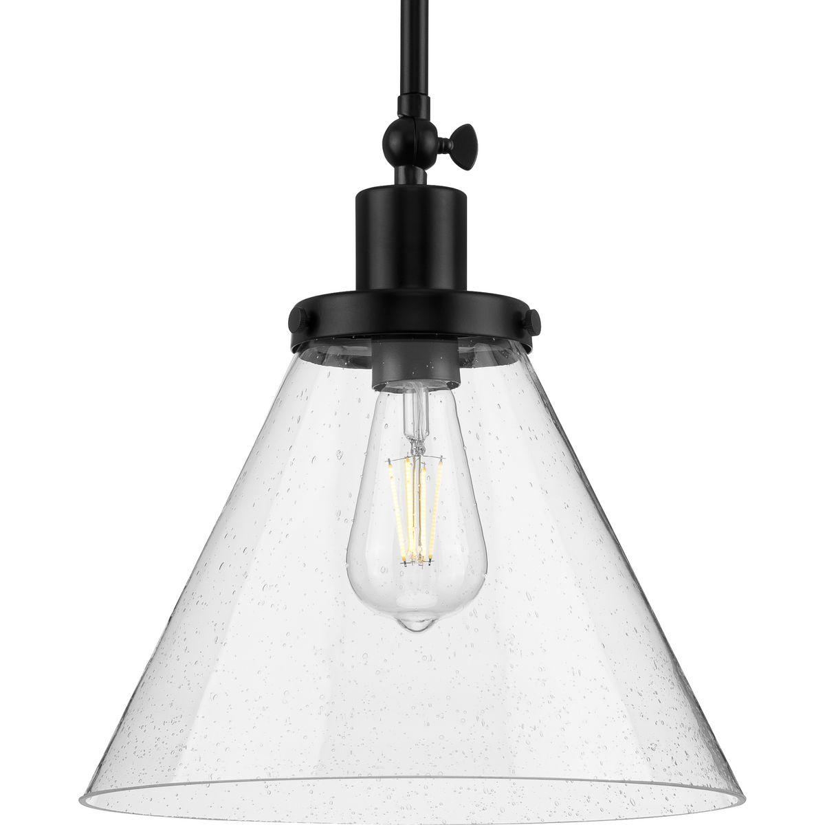 Progress Lighting Hinton 1-Light Industrial Pendant Light, Matte Black, Seeded Glass Shade