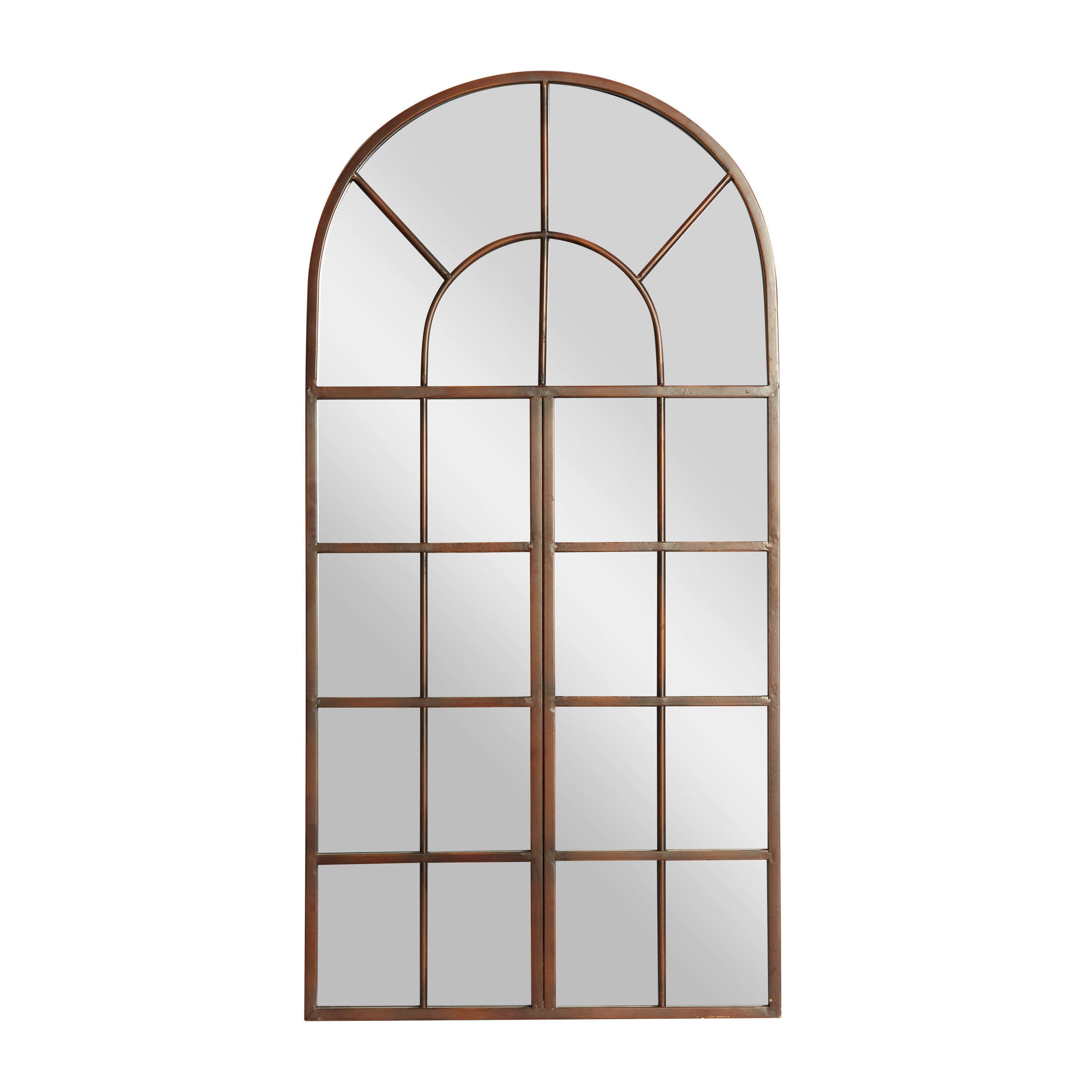 DecMode 24" x 48" Brown Window Pane Inspired Wall Mirror with Arched Top