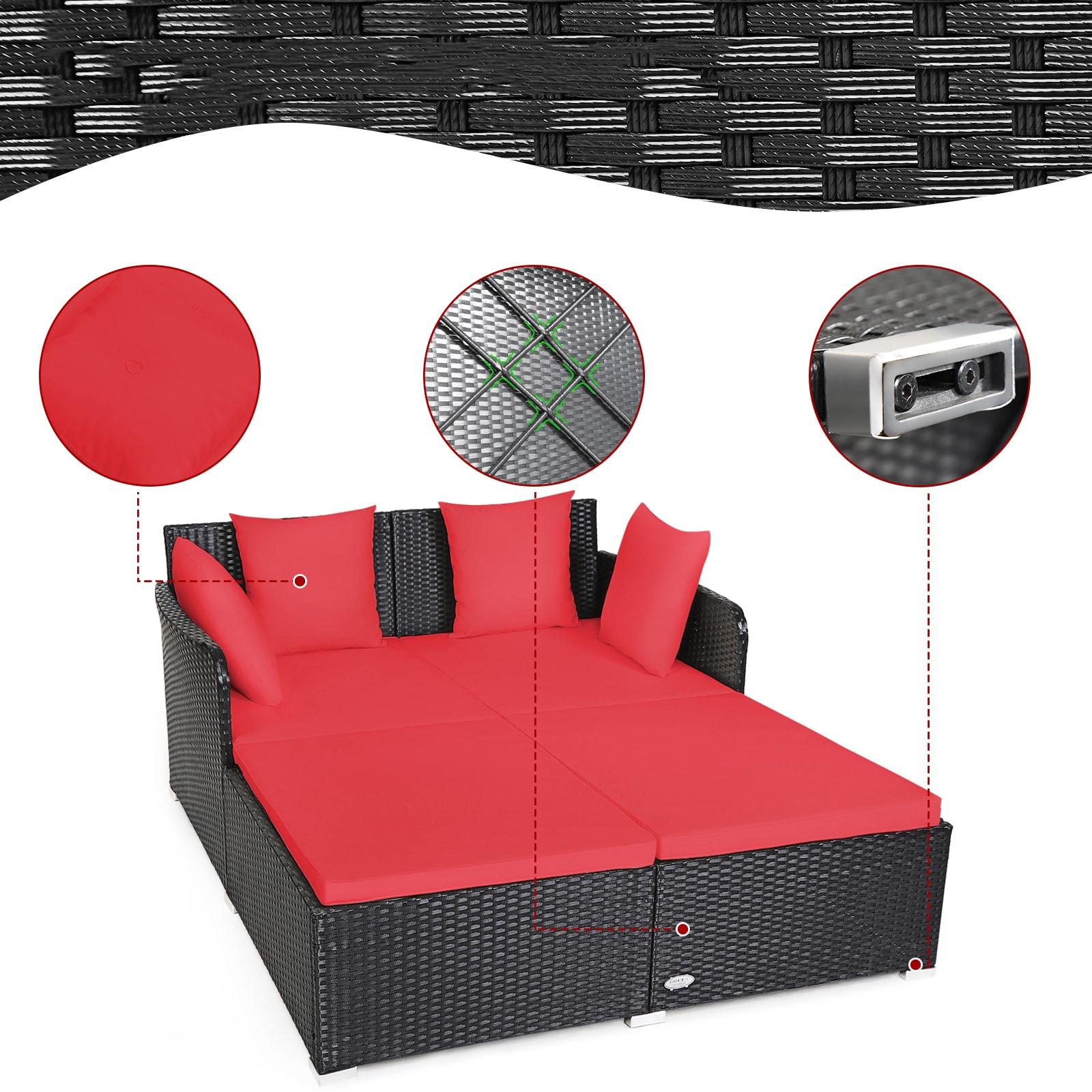 Costway Outdoor Patio Rattan Daybed Thick Pillows Cushioned Sofa Furniture Red