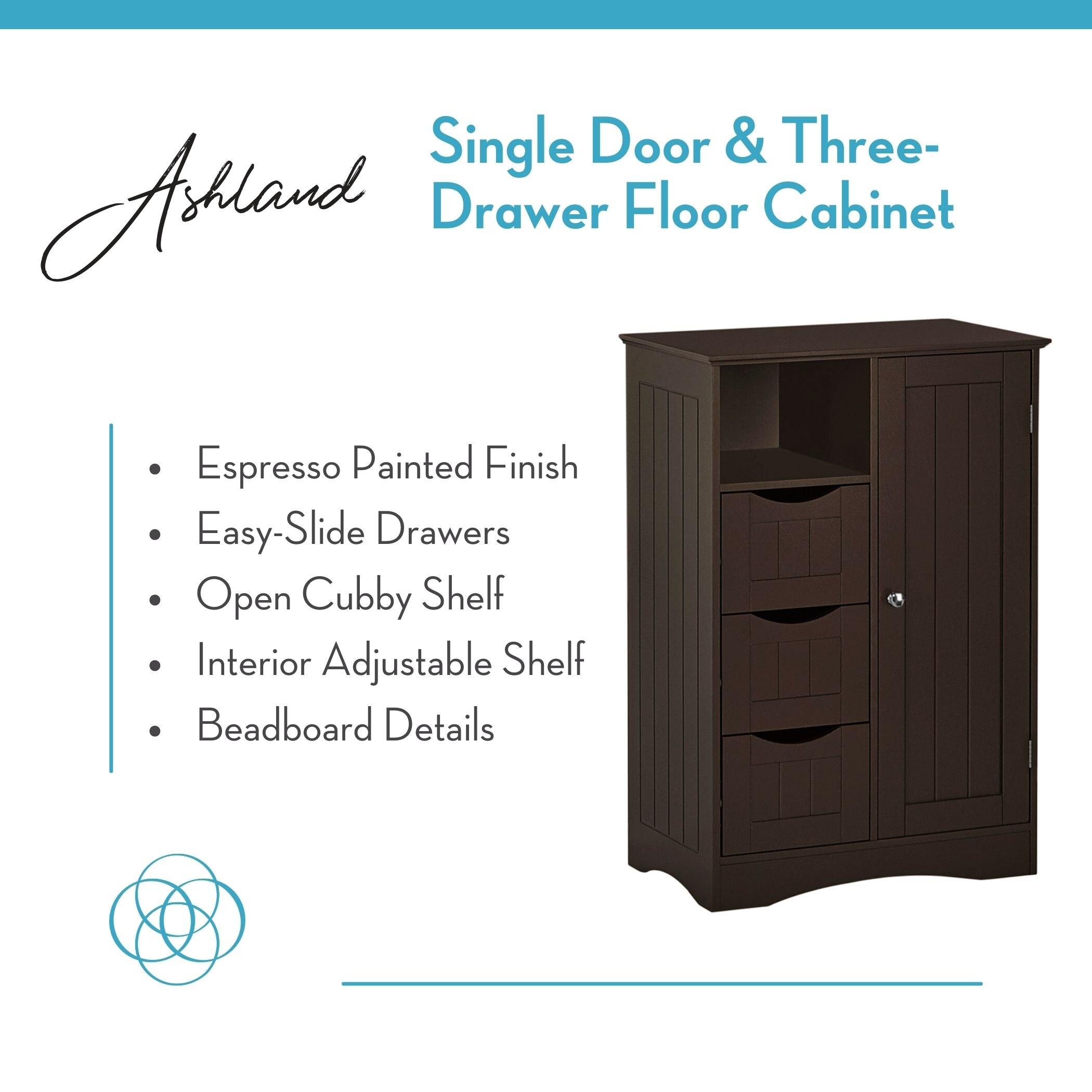 RiverRidge Ashland Single Door Bathroom and Laundry Storage Cabinet with 3 Drawers, Open and Adjustable Shelf