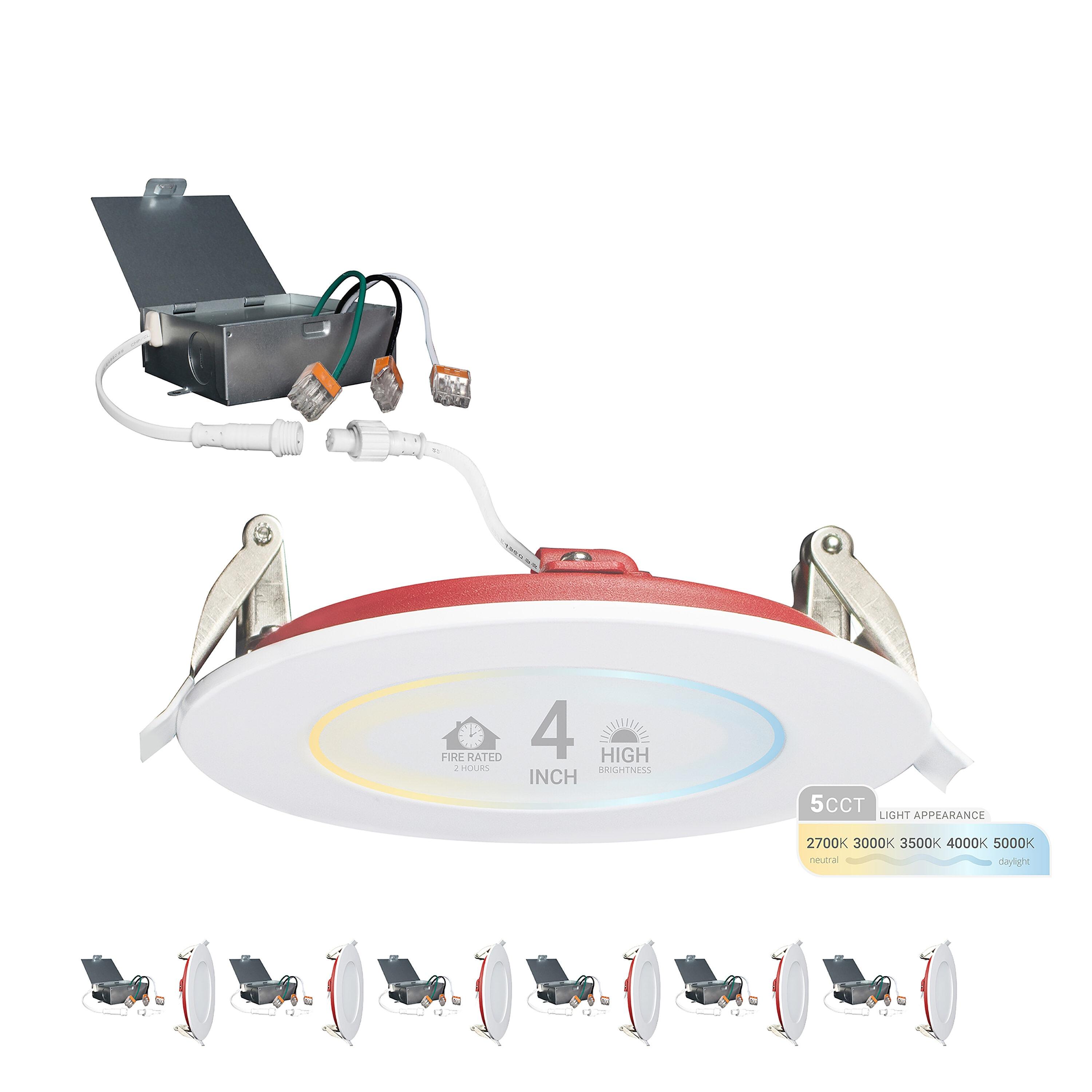 4 in. 2 HOUR Fire Rated Slim Canless LED Recessed Light 12W 5CCT 27K-50K Dimmable IC Rated 6PK