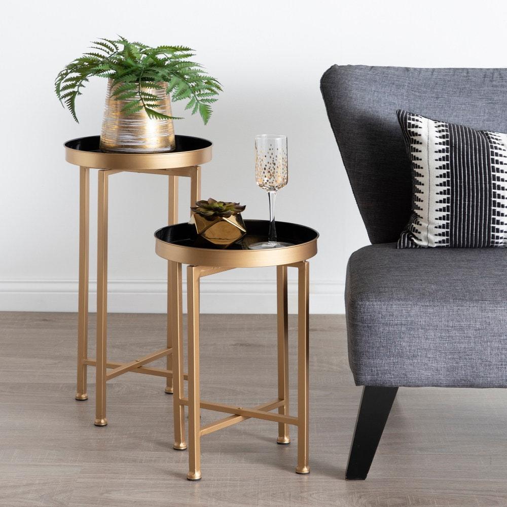 Kate and Laurel Celia Round Metal Nesting Table, 2 Piece, Black and Gold