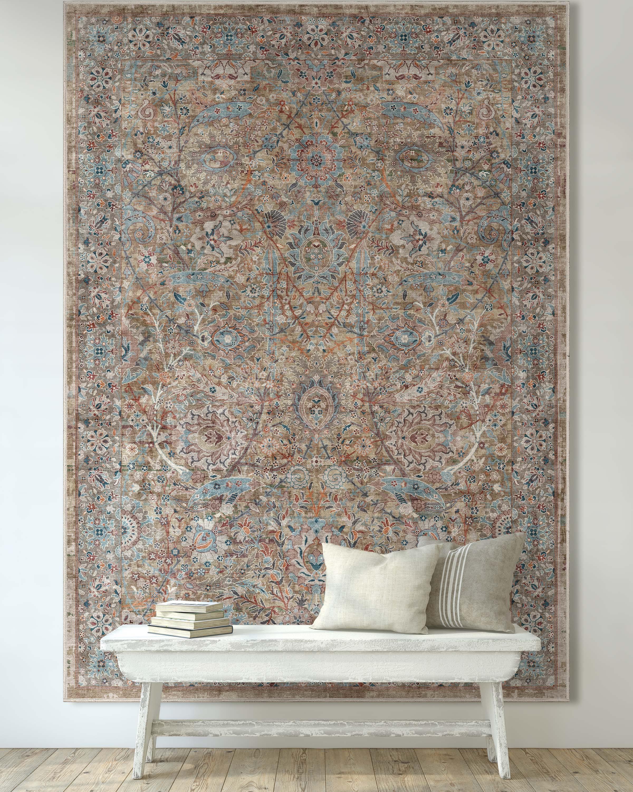 Ervin Emilia Vintage Persian Floral Blue Beige Flat-Weave Rug