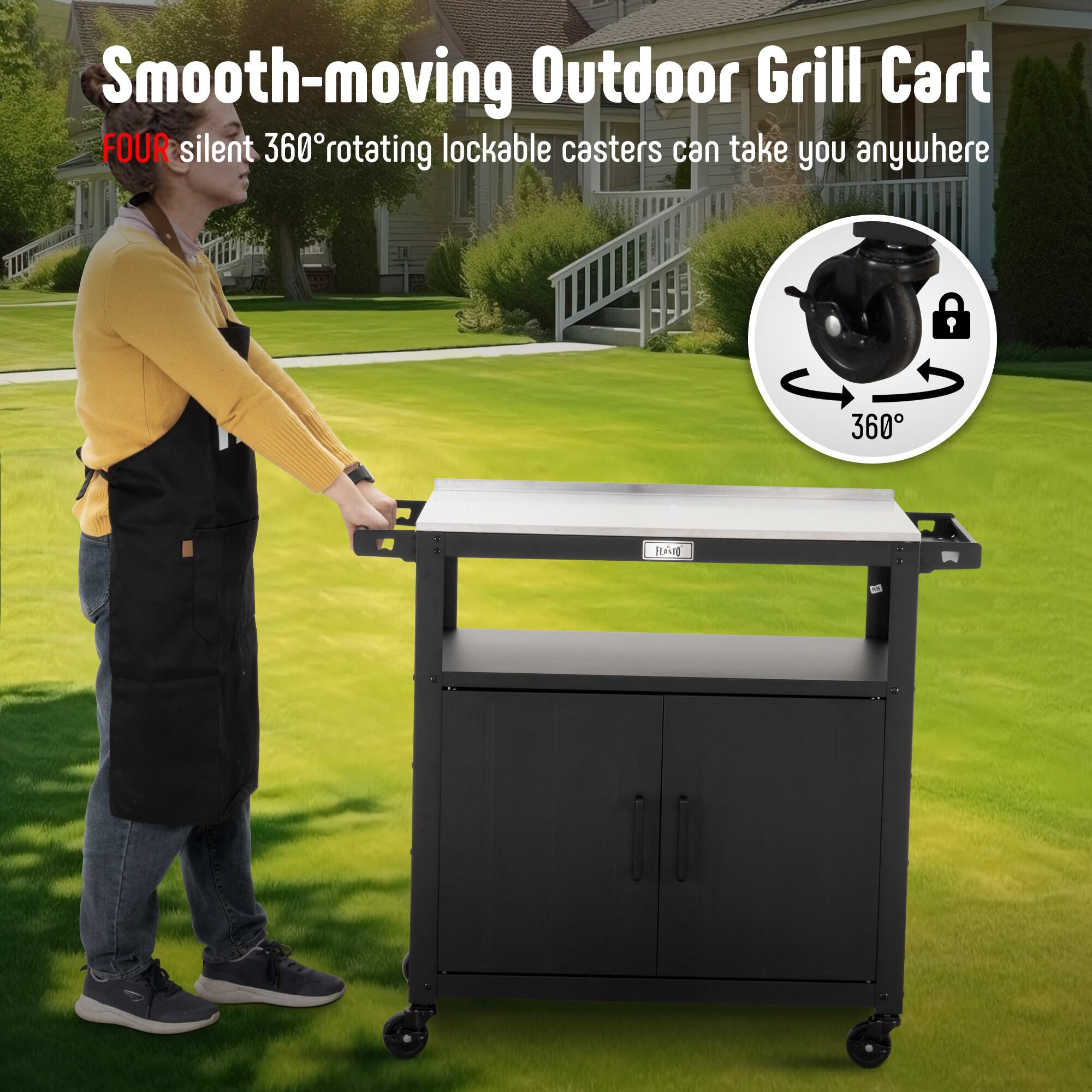 Feasto Feasto 35''H x 32''W Cabinet Utility Cart with Wheels, Outdoor Grill Cart, Rolling Kitchen Cart for BBQ Food Prep