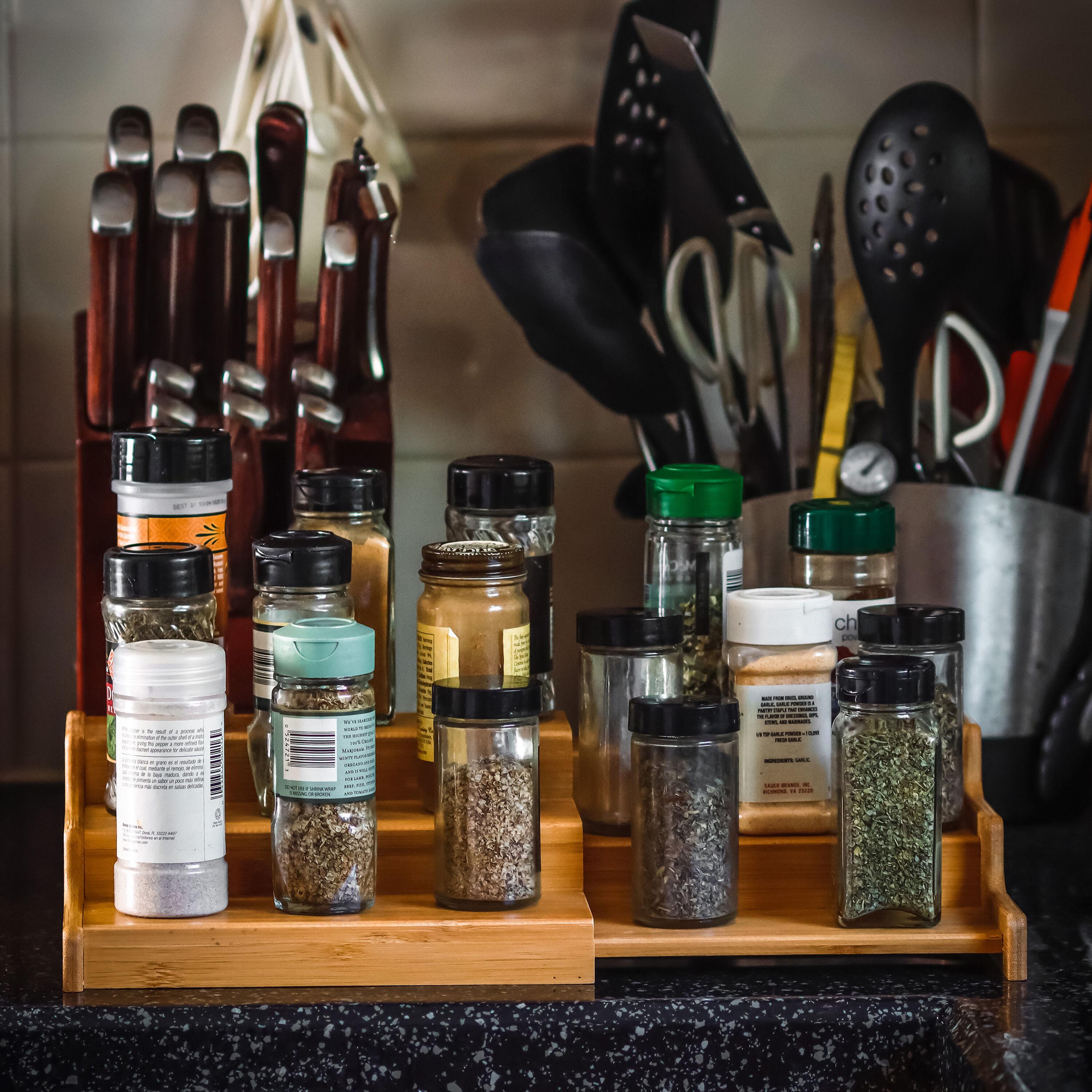 Trademark Innovations Bamboo Expandable 3-Tier Spice Rack and Cabinet Organizer, Natural, Small